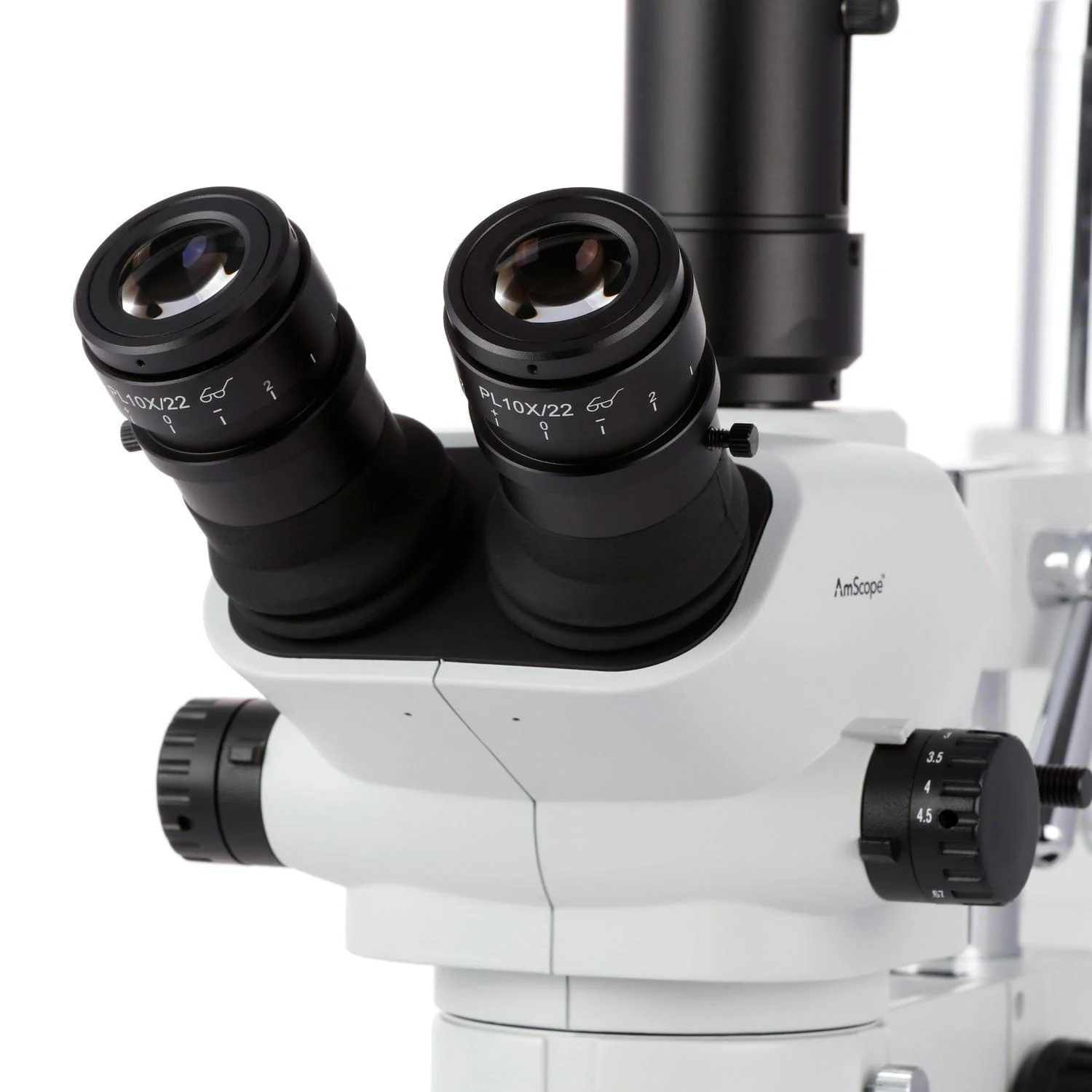 AmScope SZN-4 Series Zoom Trinocular Stereo Microscope 2X-225X on Boom Stand with Shutter Pin, Magnification Lock, & Click Stop Adjustment + Optional USB Camera - Image 7
