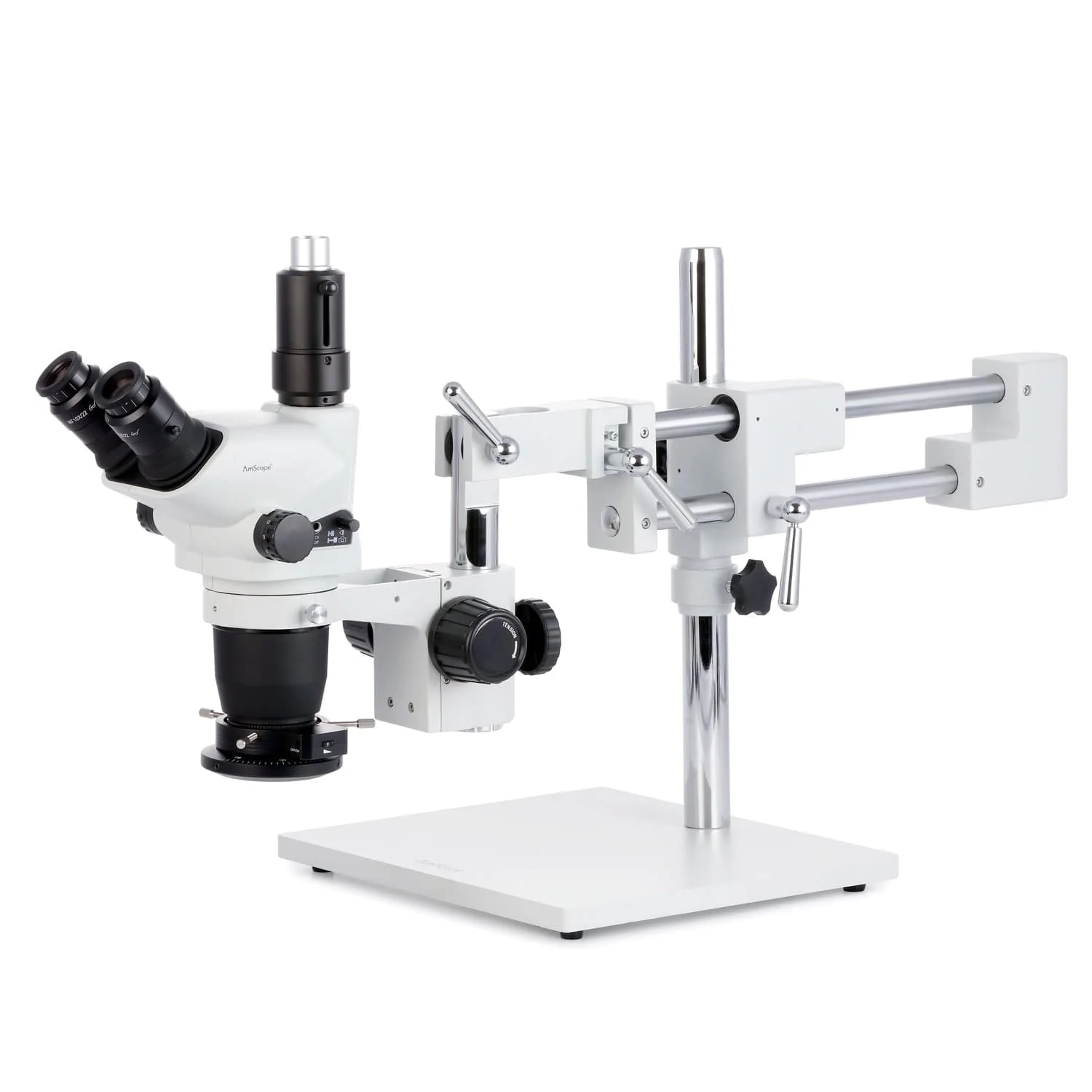 AmScope SZN-4T Series Trinocular Zoom Stereo Microscope 2X-225X Magnification On Boom Stand with Shutter Pin, Magnification Lock, & Click Stop Adjustment + Polarizing Ring Light & Optional USB Camera