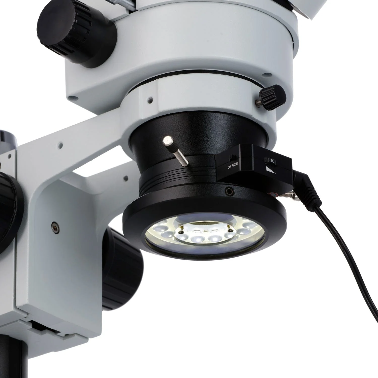 AmScope SZN-4T Series Trinocular Zoom Stereo Microscope 2X-225X Magnification On Boom Stand with Shutter Pin, Magnification Lock, & Click Stop Adjustment + Polarizing Ring Light & Optional USB Camera - Image 5