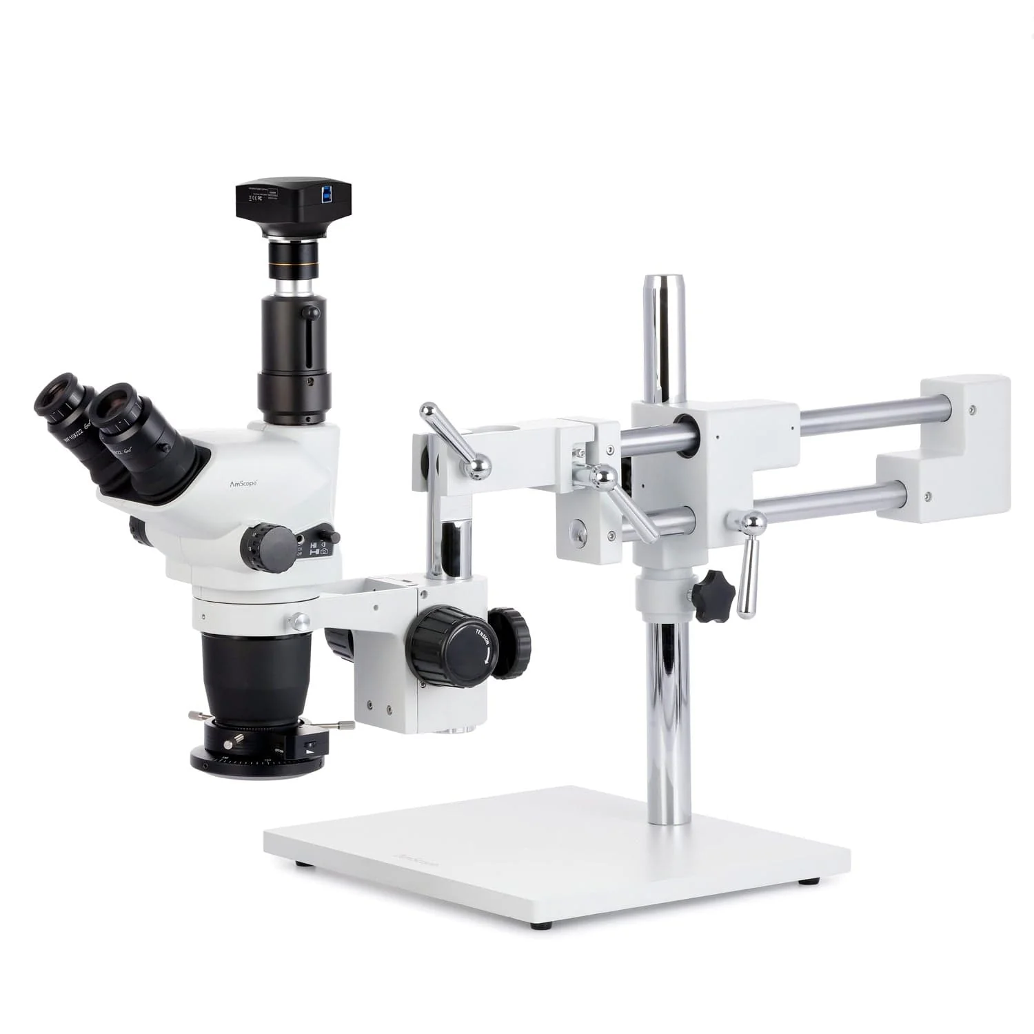 AmScope SZN-4T Series Trinocular Zoom Stereo Microscope 2X-225X Magnification On Boom Stand with Shutter Pin, Magnification Lock, & Click Stop Adjustment + Polarizing Ring Light & Optional USB Camera - Image 8