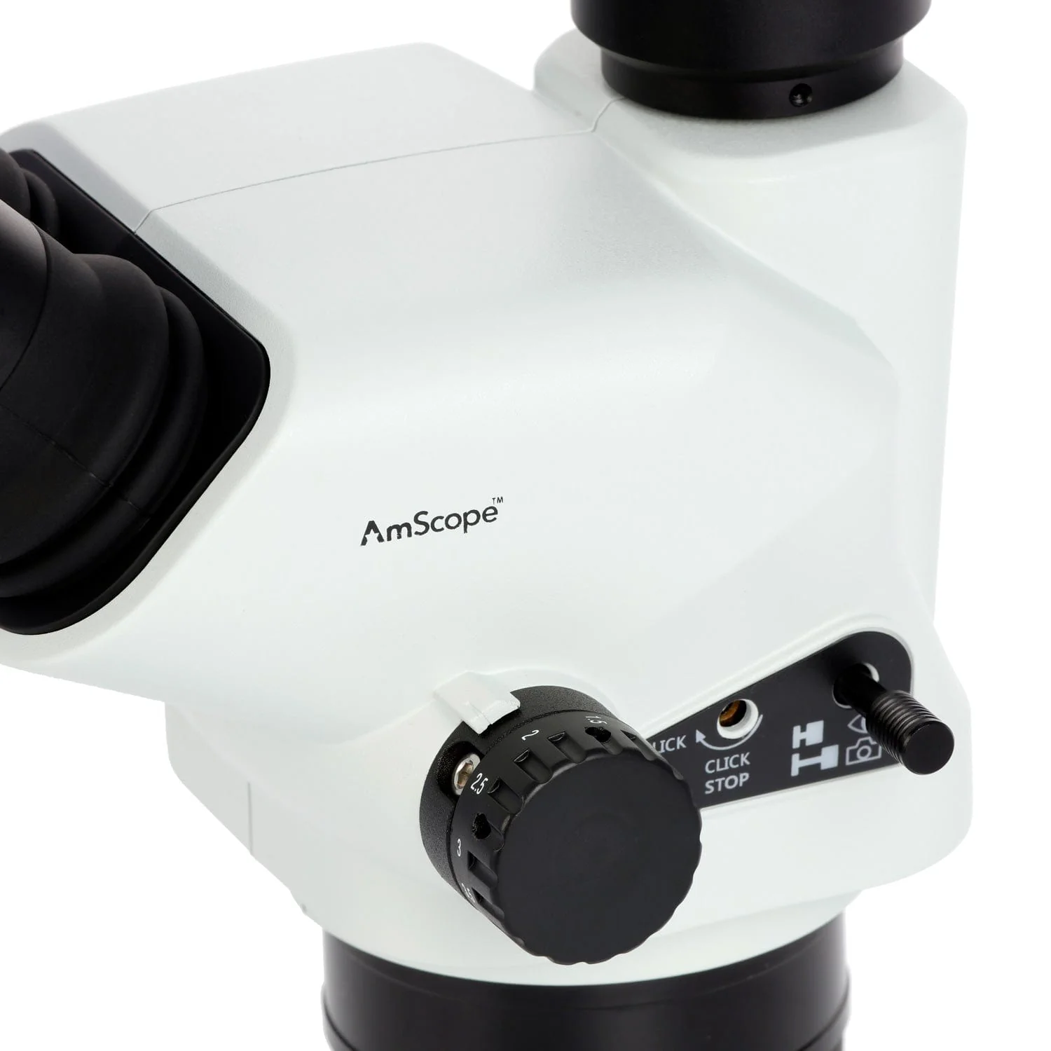AmScope 6.7X-45X Magnification Trinocular Zoom Stereo Microscope Head w/ Shutter Pin, Magnification Lock, & Click Stop Adjustment - Image 2