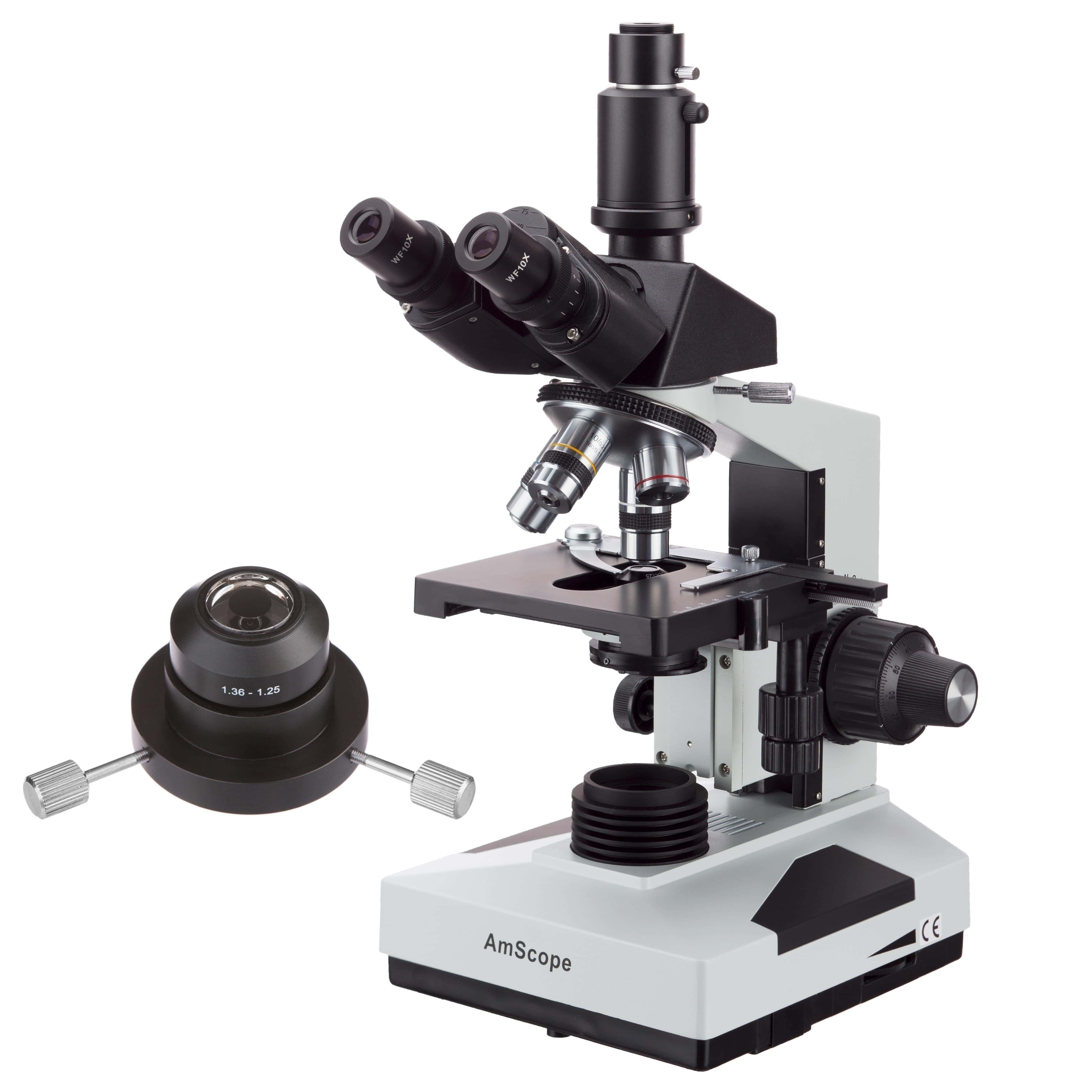 AmScope T490 Series Simul-Focal Trinocular Darkfield Compound Microscope With 20W Halogen, Oil Condenser and Optional Digital Camera