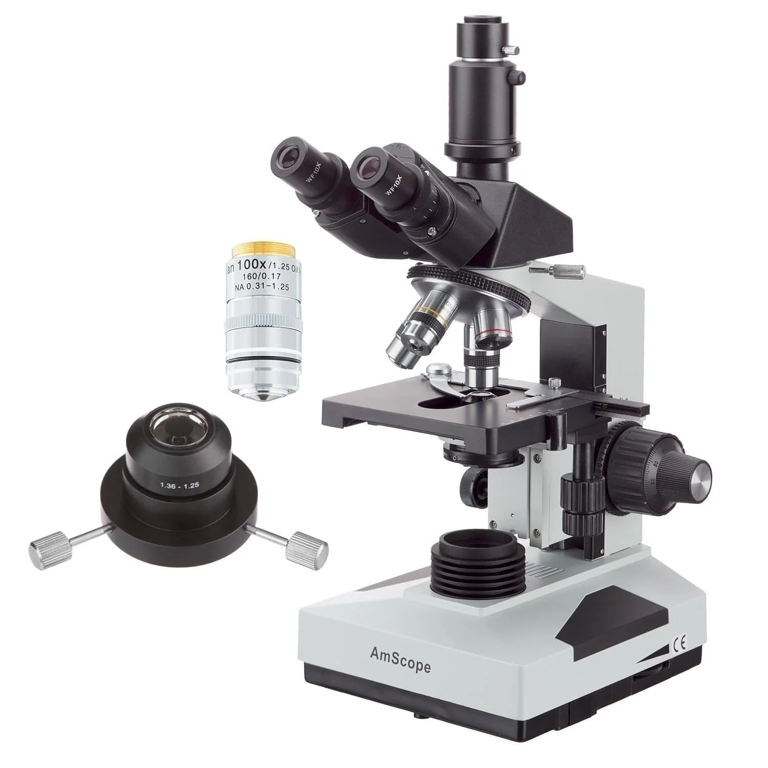 AmScope T490 Series Simul-Focal Darkfield Trinocular Compound Microscope with 20W Halogen, Oil Condenser, 100X IRIS Objective and Optional Digital Camera