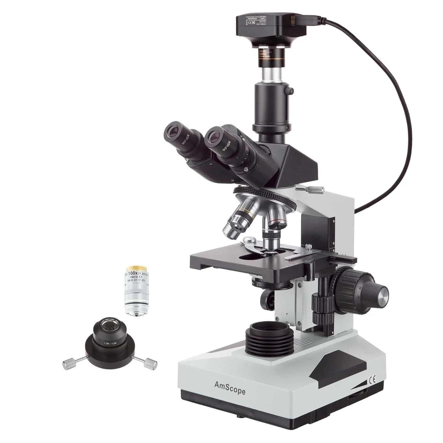 AmScope T490 Series Simul-Focal Darkfield Trinocular Compound Microscope with 20W Halogen, Oil Condenser, 100X IRIS Objective and Optional Digital Camera - Image 4
