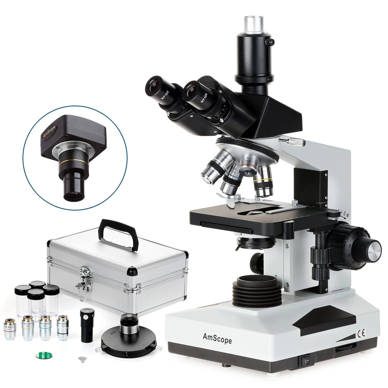 AmScope T490 Series Phase-Contrast Simul-Focal Trinocular Compound Microscope with 20W Halogen, Turret Condenser, 3D Mechanical Stage and Digital Camera - Image 2
