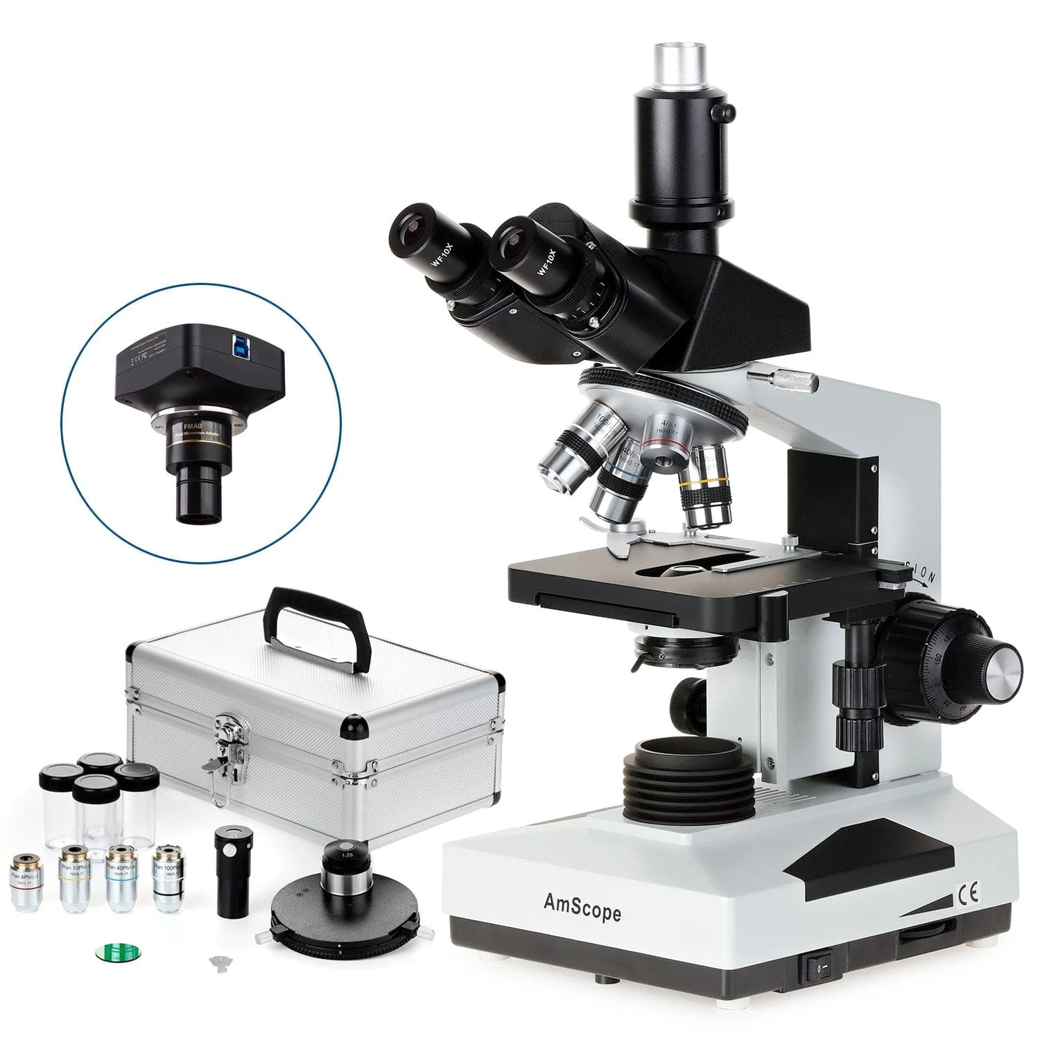 AmScope T490 Series Phase-Contrast Simul-Focal Trinocular Compound Microscope with 20W Halogen, Turret Condenser, 3D Mechanical Stage and Digital Camera - Image 5