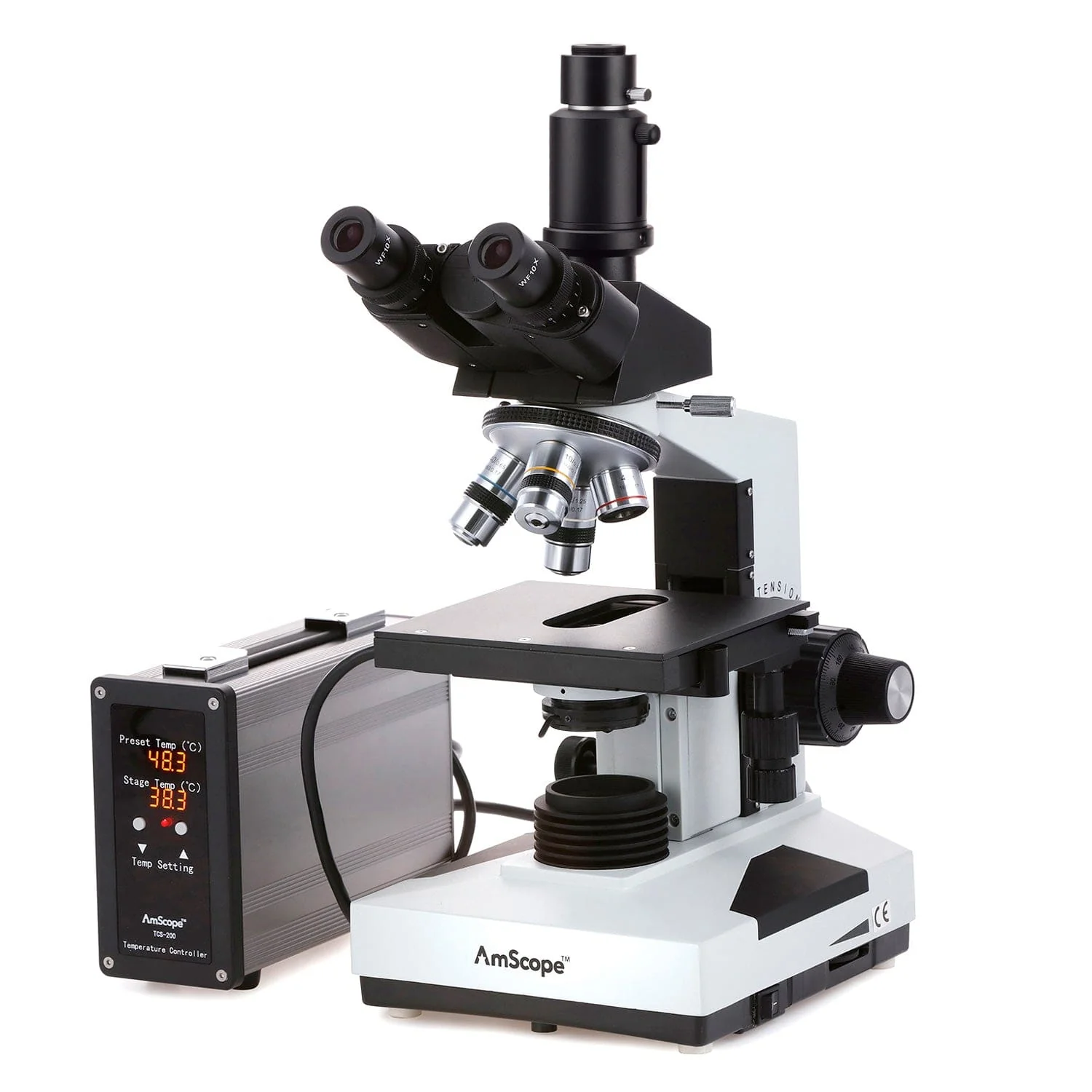 AmScope T490 Series Advanced Student and Professional Trinocular Compound Microscope 40X-2000X Magnification with Temperature Control Stage Warmer + Optional Digital Camera