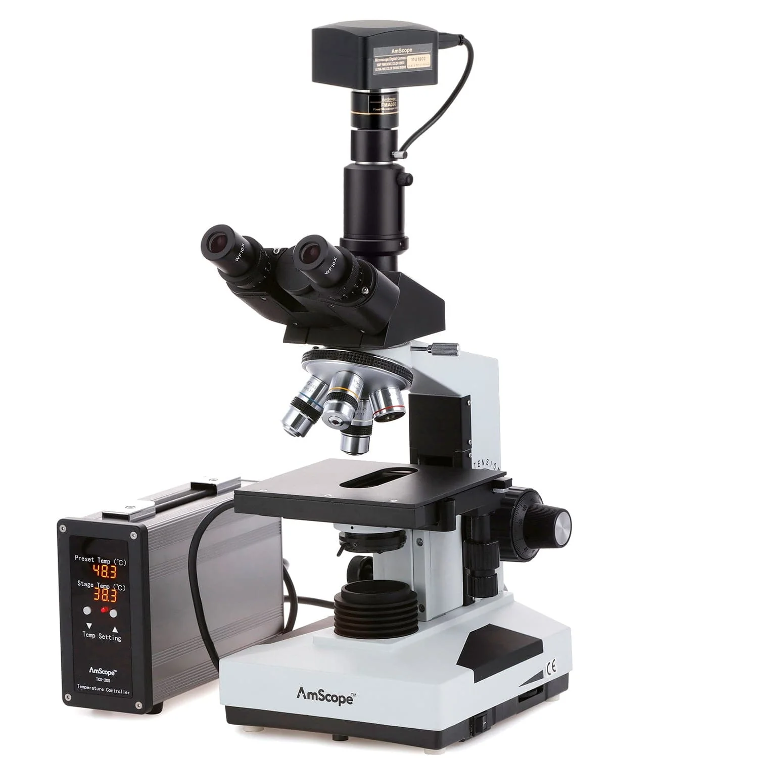 AmScope T490 Series Advanced Student and Professional Trinocular Compound Microscope 40X-2000X Magnification with Temperature Control Stage Warmer + Optional Digital Camera - Image 9