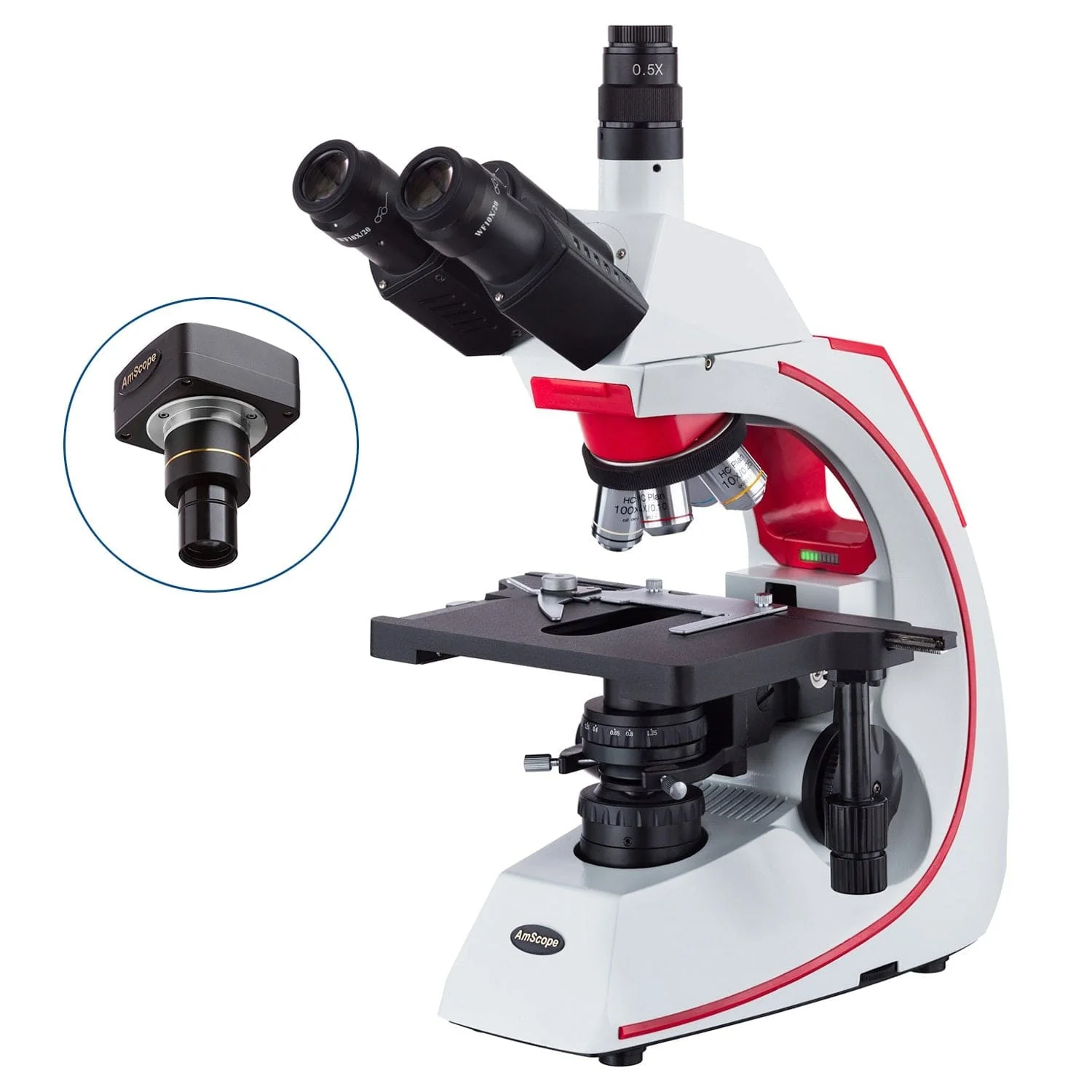 AmScope T620 Series Simul-Focal Trinocular Compound Microscope with 3W LED Kohler Illumination, 3D Mechanical Stage and Optional Digital Camera - Image 2