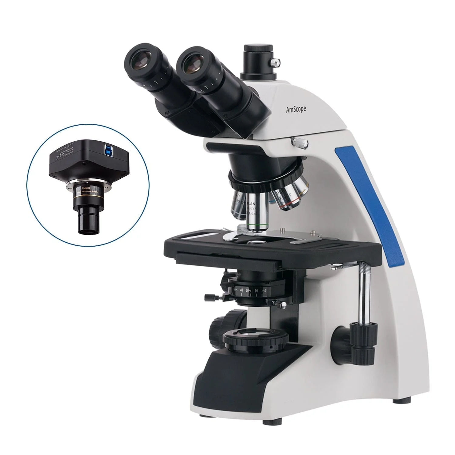 AmScope T720 Series Infinity-Corrected LED Kohler Illumination Trinocular Compound Microscope with Quintuple Nosepiece + Optional Digital Camera - Image 3