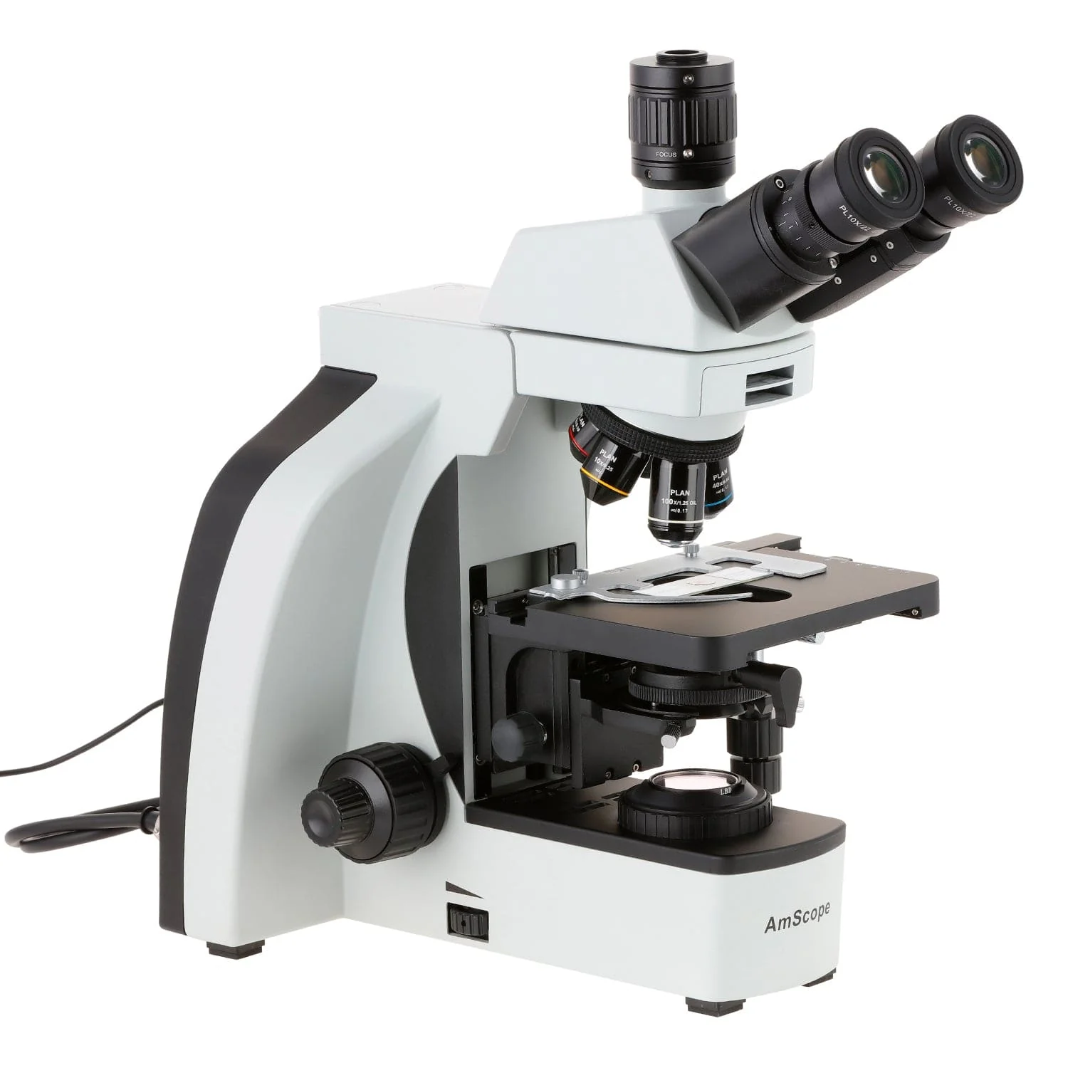 AmScope T800 Series Dual Illumination Infinity-Corrected Plan 3W LED Trinocular Compound Microscope with Optional Actively Cooled Digital Camera and 3D mechanical Stage - Image 2