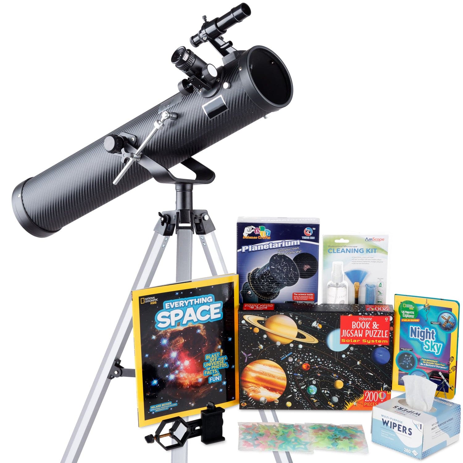 AmScope Kid's Telescope Beginner Astronomer Series featuring 35X-350X 76mm Reflector Telescope, Space-Themed Activity Kit, and more - Image 9
