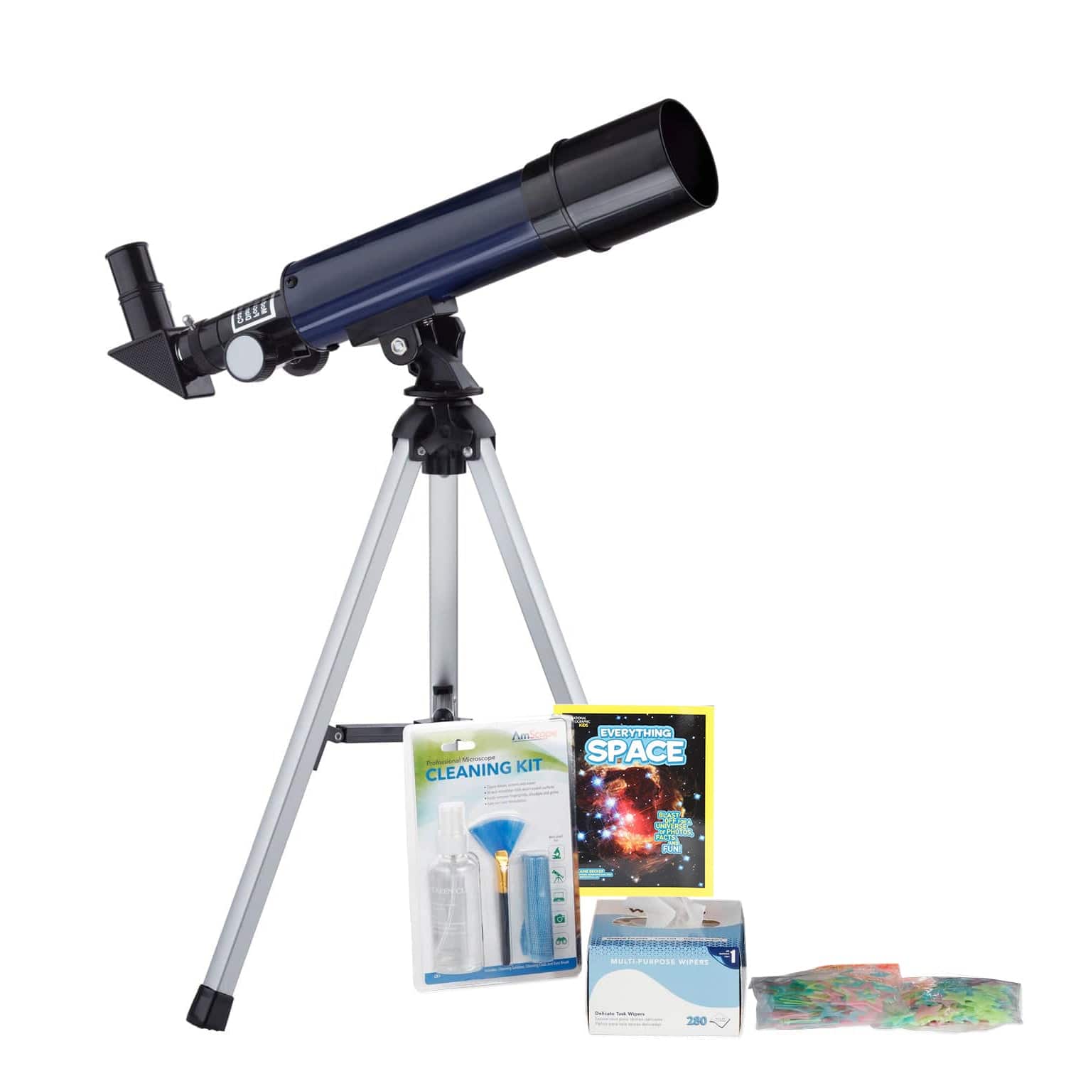 AmScope Kid's Telescope Beginner Astronomer Series featuring 18-90X 360x50mm Compact Telescope, Space-Themed Activity Kit, and more