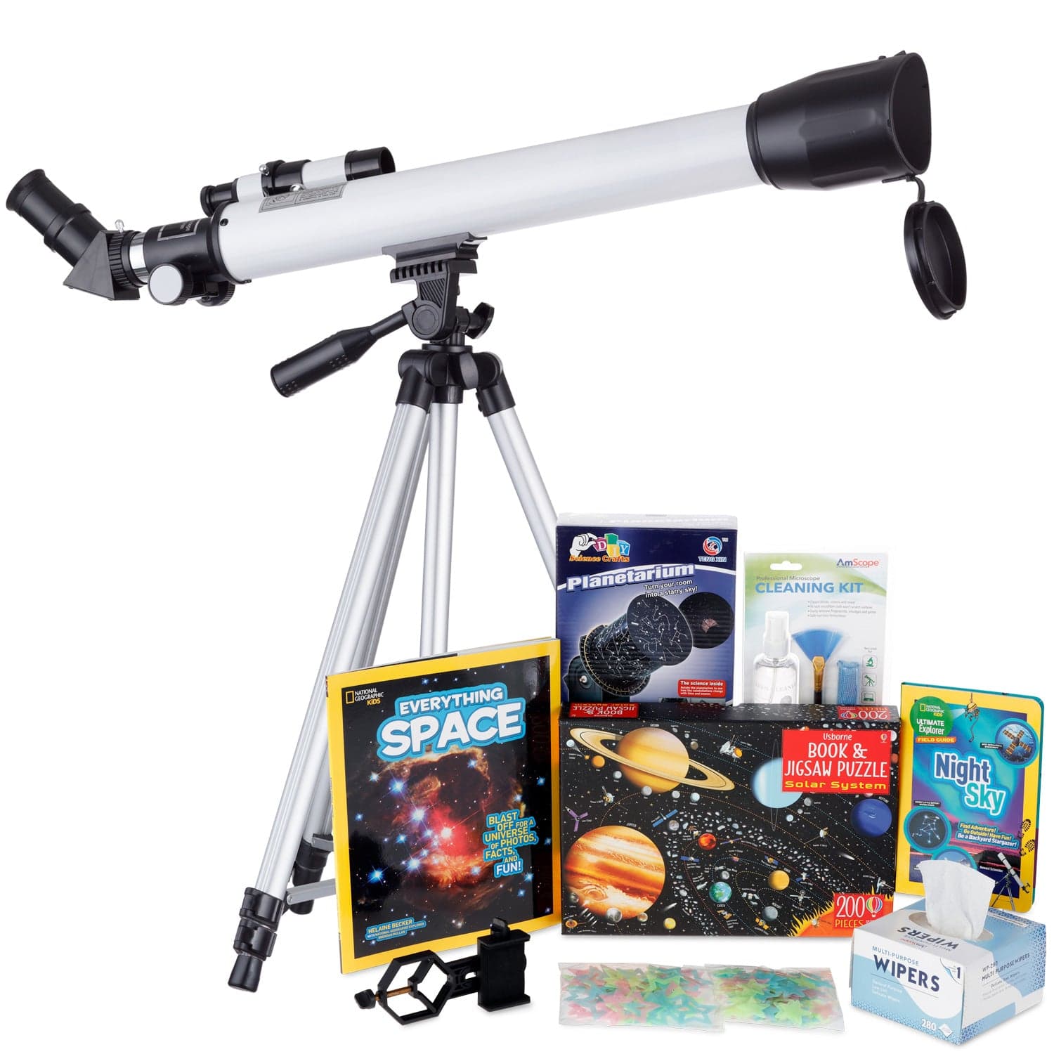AmScope Kid's Telescope Moon Gazer Series featuring 30X-180X 600x50mm AmScope Kid's Telescope, Space-Themed Activity Kit, and more - Image 11