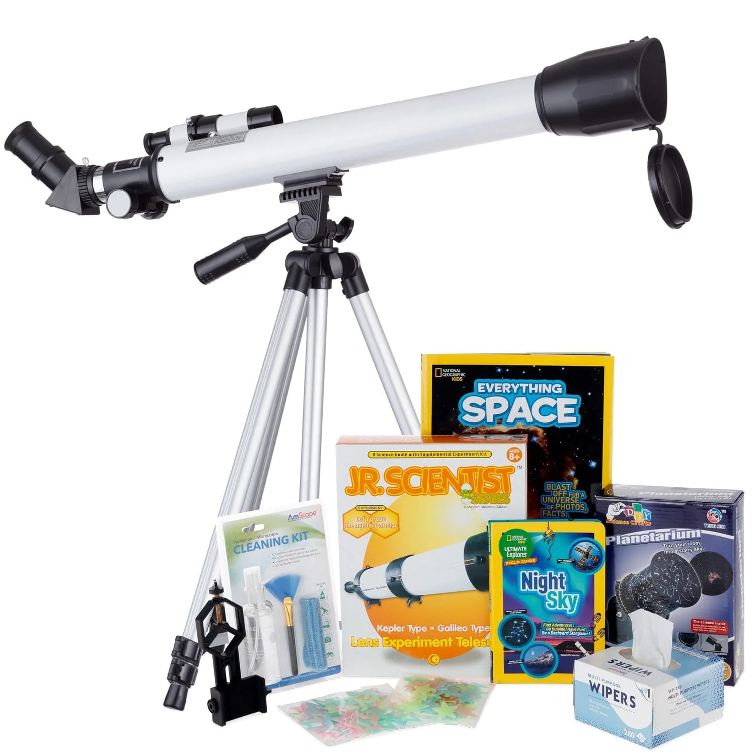 AmScope Kid's Telescope Moon Gazer Series featuring 30X-180X 600x50mm AmScope Kid's Telescope, Space-Themed Activity Kit, and more - Image 12