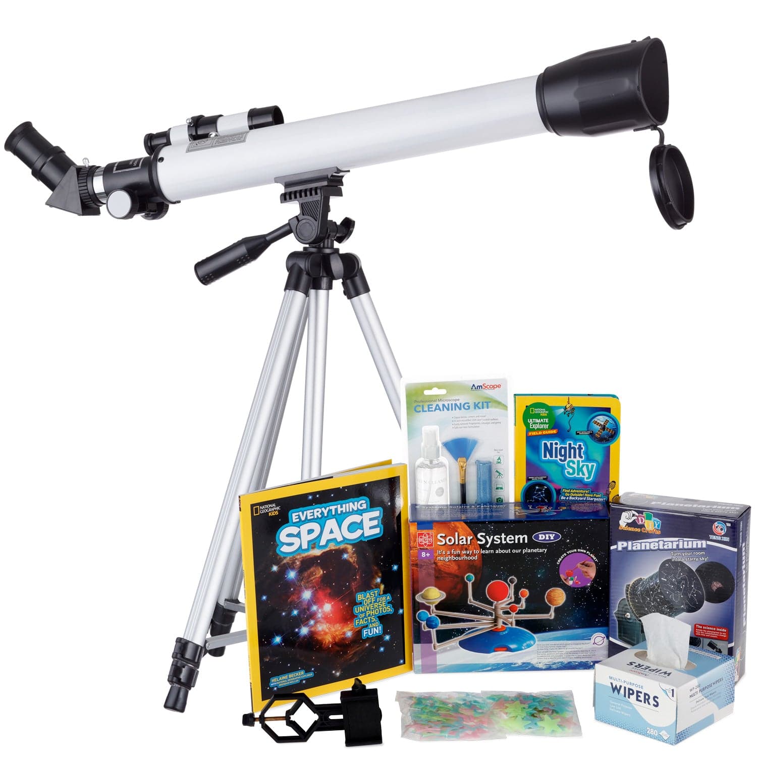 AmScope Kid's Telescope Moon Gazer Series featuring 30X-180X 600x50mm AmScope Kid's Telescope, Space-Themed Activity Kit, and more - Image 13