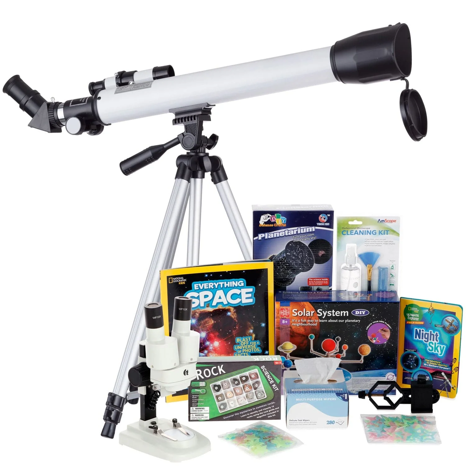 AmScope Kid's Telescope Moon Gazer Series featuring 30X-180X 600x50mm AmScope Kid's Telescope, Space-Themed Activity Kit, and more - Image 7