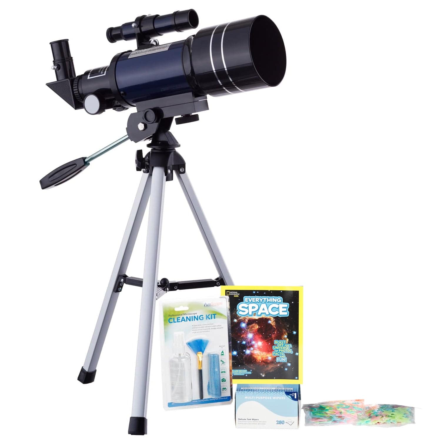 AmScope Kid's Telescope Beginner Astronomer Series featuring 15-150X 300x70mm Compact Telescope, Space-Themed Activity Kit, and more