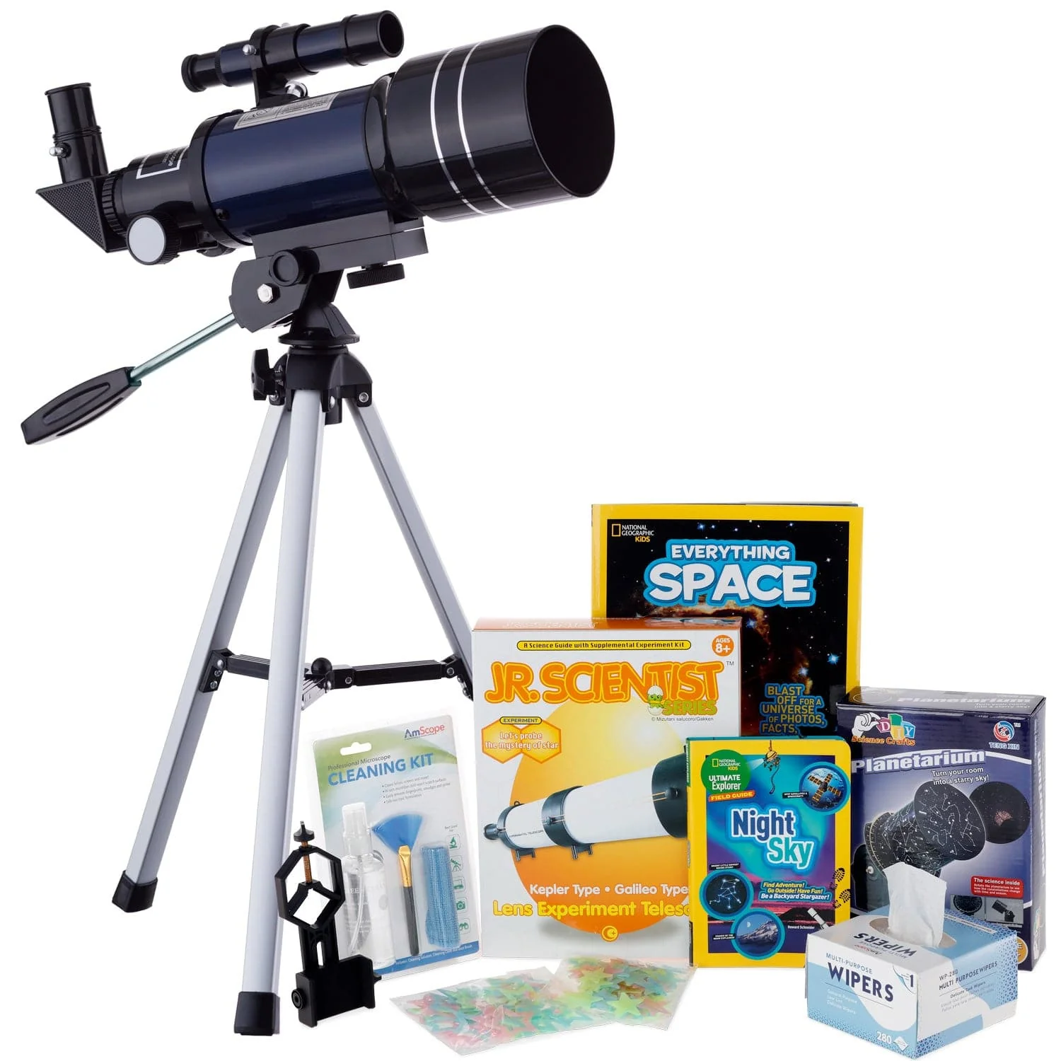 AmScope Kid's Telescope Beginner Astronomer Series featuring 15-150X 300x70mm Compact Telescope, Space-Themed Activity Kit, and more - Image 10