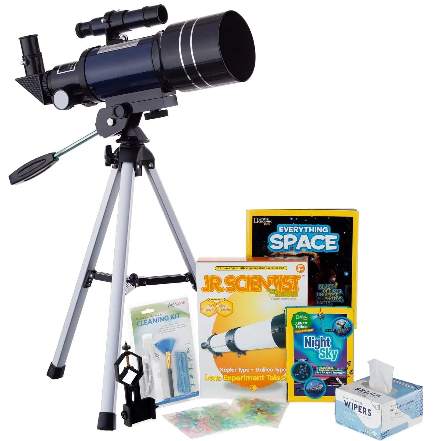 AmScope Kid's Telescope Beginner Astronomer Series featuring 15-150X 300x70mm Compact Telescope, Space-Themed Activity Kit, and more - Image 16