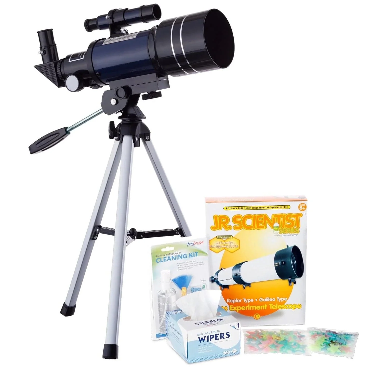 AmScope Kid's Telescope Beginner Astronomer Series featuring 15-150X 300x70mm Compact Telescope, Space-Themed Activity Kit, and more - Image 2