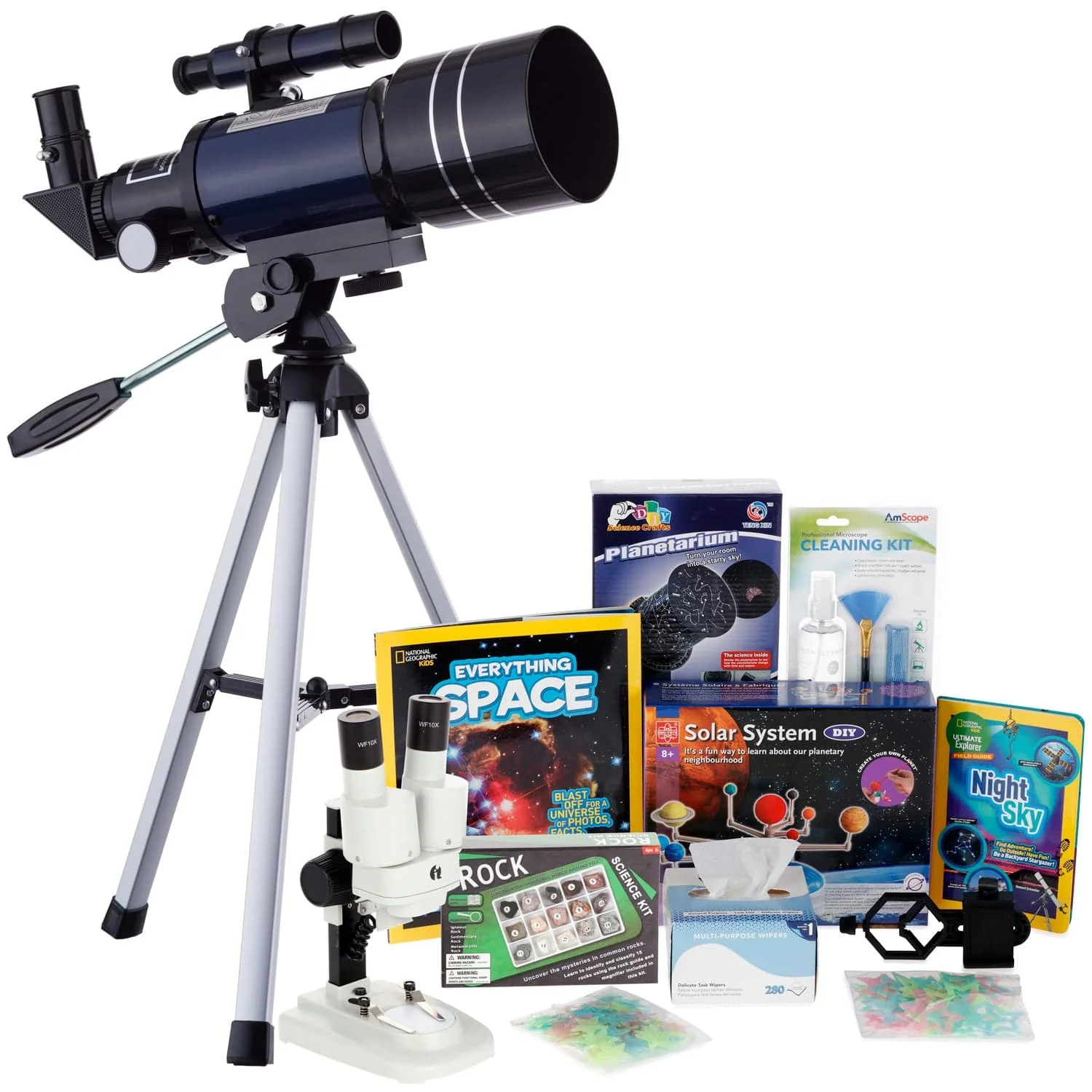 AmScope Kid's Telescope Beginner Astronomer Series featuring 15-150X 300x70mm Compact Telescope, Space-Themed Activity Kit, and more - Image 3