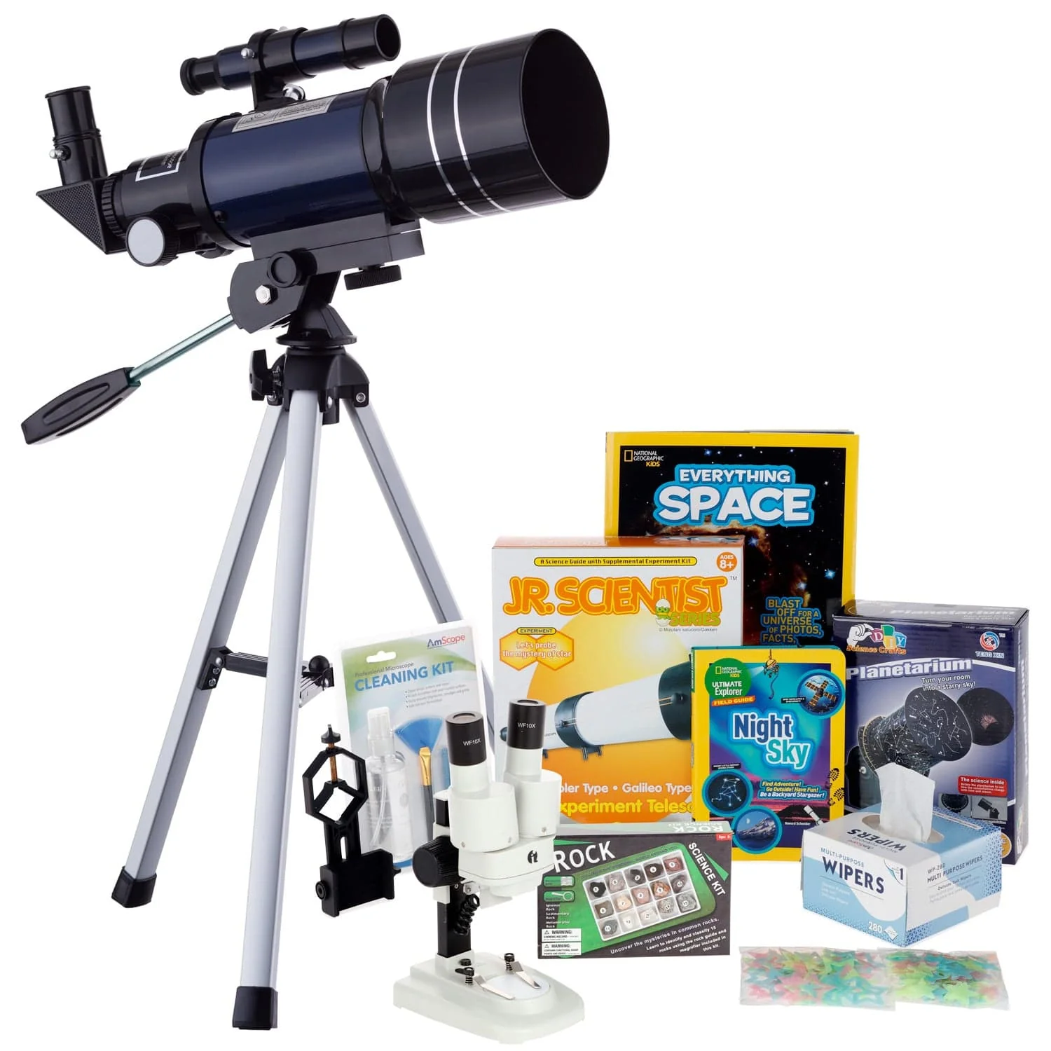 AmScope Kid's Telescope Beginner Astronomer Series featuring 15-150X 300x70mm Compact Telescope, Space-Themed Activity Kit, and more - Image 4