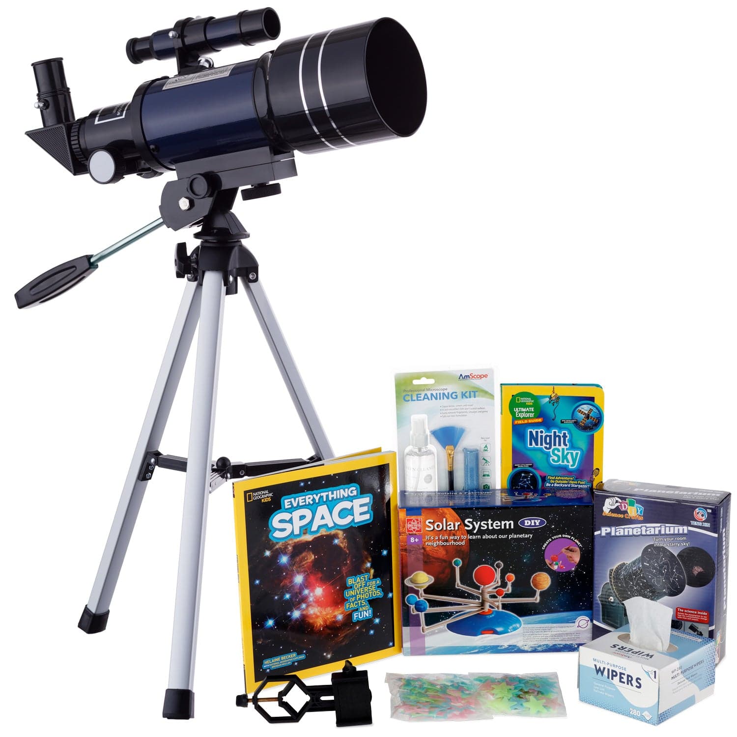 AmScope Kid's Telescope Beginner Astronomer Series featuring 15-150X 300x70mm Compact Telescope, Space-Themed Activity Kit, and more - Image 9