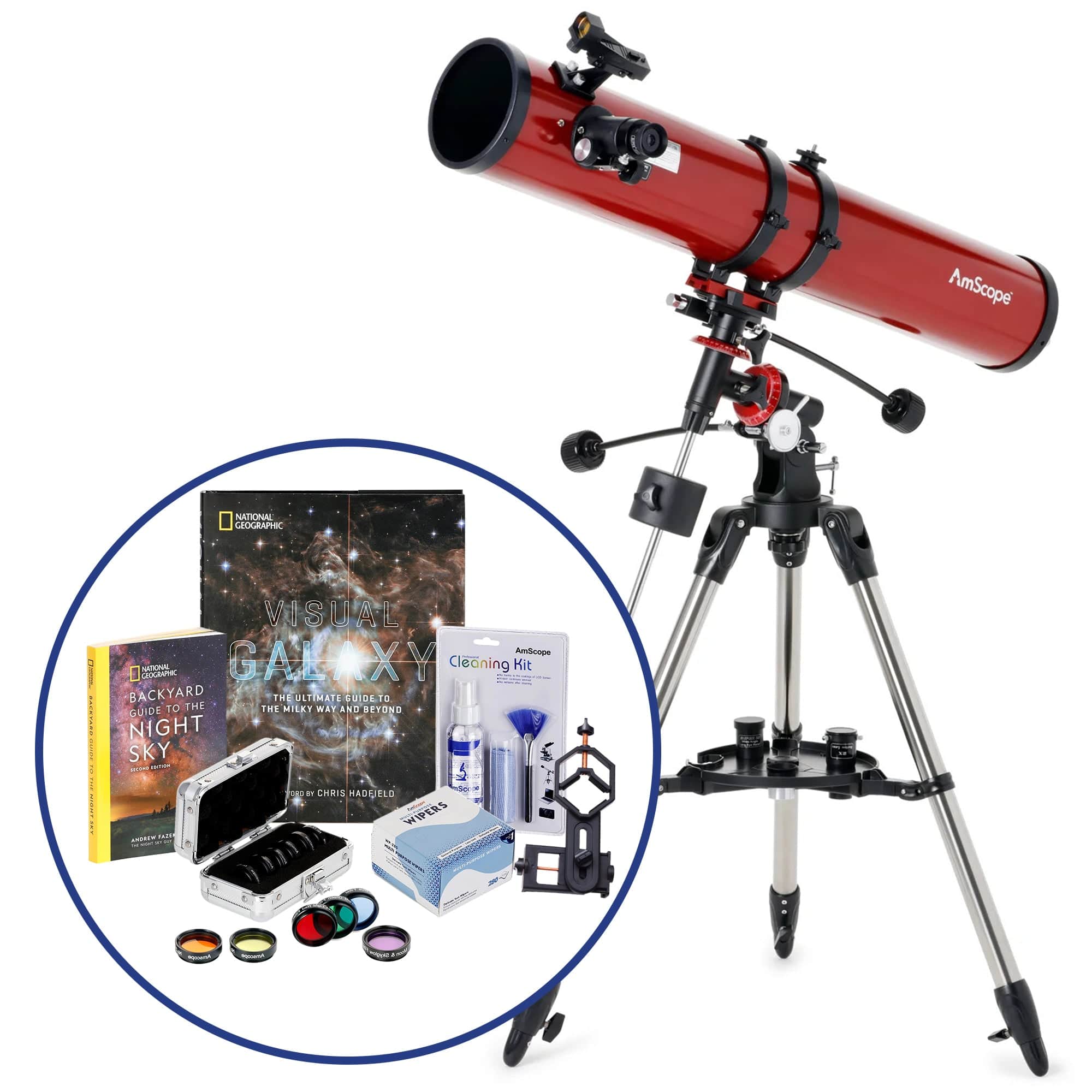 AmScope Professional Telescope Bundle Series featuring 114mm Aperture, 900mm Focal Length Reflector Telescope, Visual Galaxy book by NatGeo, Backyard Guide to the Night Sky book, and more