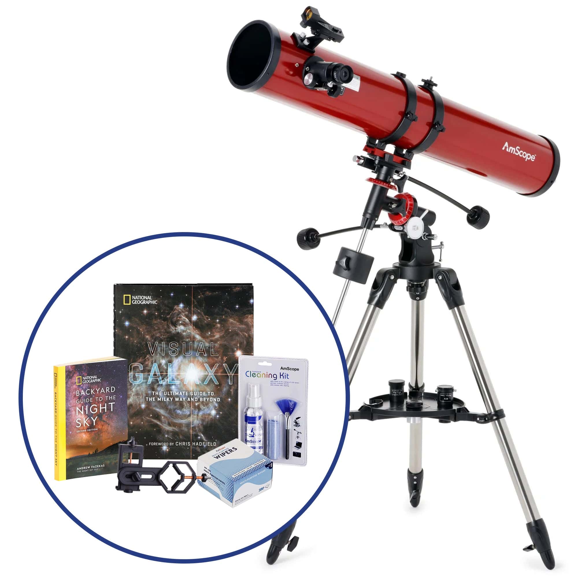 AmScope Professional Telescope Bundle Series featuring 114mm Aperture, 900mm Focal Length Reflector Telescope, Visual Galaxy book by NatGeo, Backyard Guide to the Night Sky book, and more - Image 3
