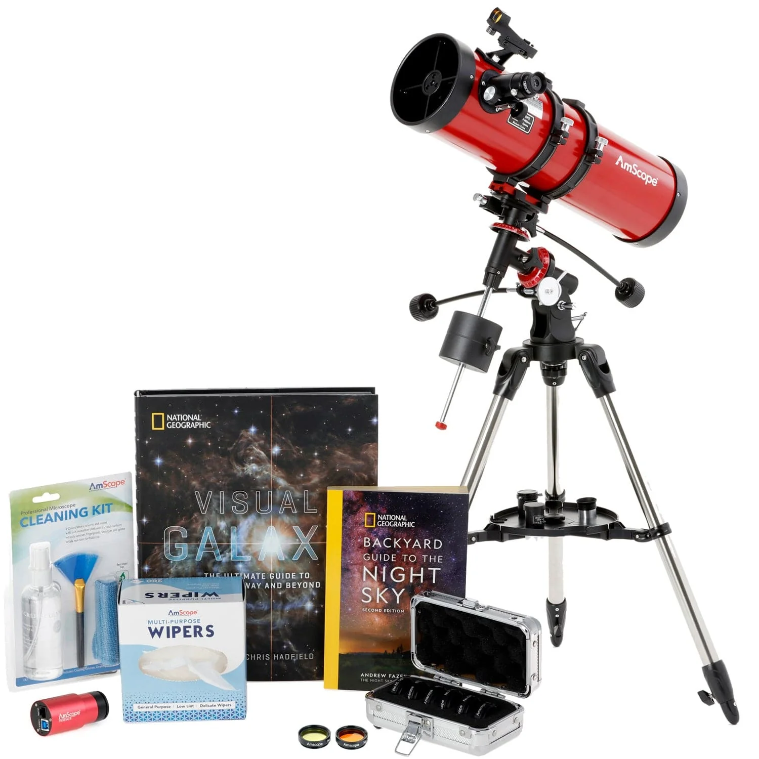 AmScope Professional Telescope Bundle Series featuring 130mm Aperture, 650mm Focal Length Reflector Telescope, Visual Galaxy book by NatGeo, Backyard Guide to the Night Sky book, and more - Image 2