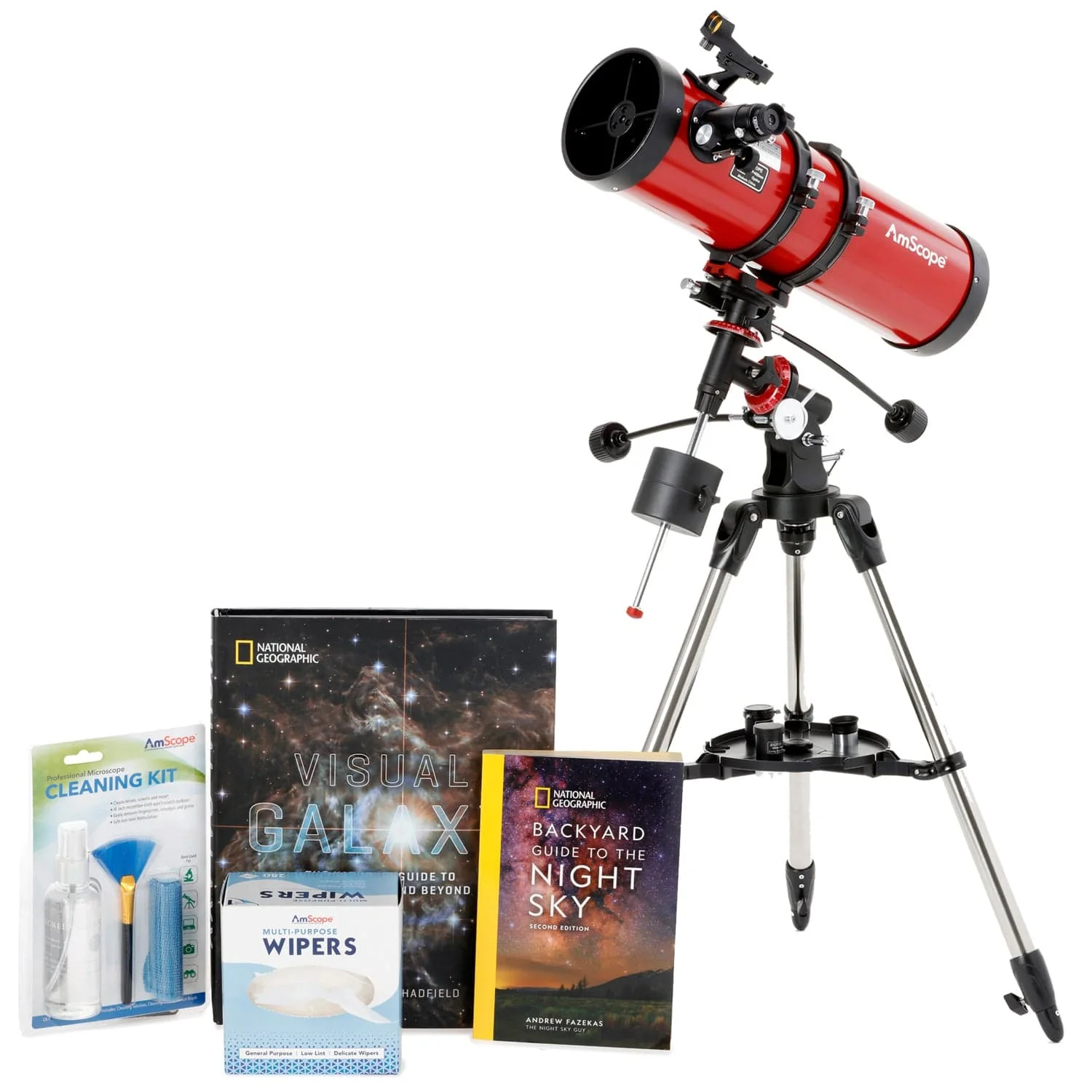 AmScope Professional Telescope Bundle Series featuring 130mm Aperture, 650mm Focal Length Reflector Telescope, Visual Galaxy book by NatGeo, Backyard Guide to the Night Sky book, and more - Image 3