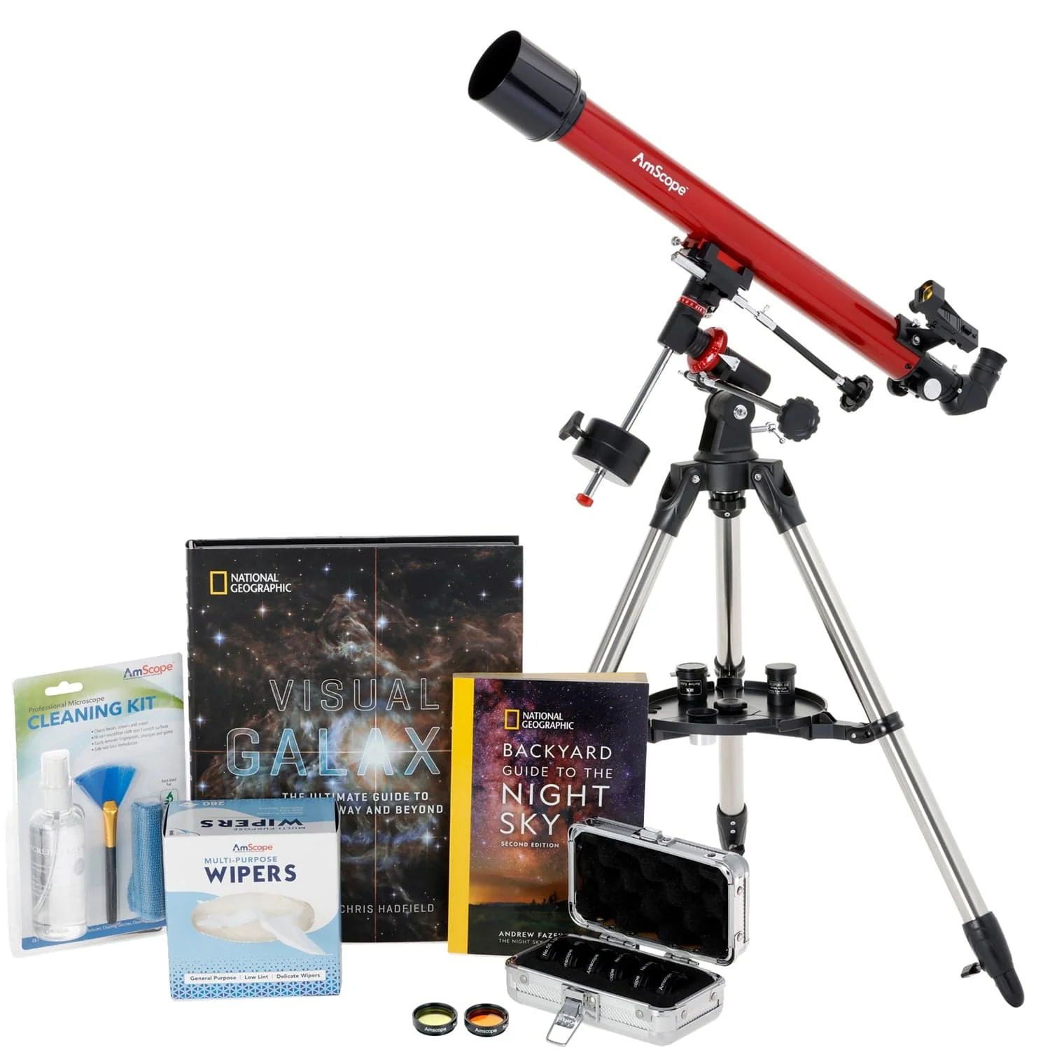 AmScope Professional Telescope Bundle Series featuring 60mm Aperture, 800mm Focal Length Refractor Telescope, Visual Galaxy book by NatGeo, Backyard Guide to the Night Sky book, and more