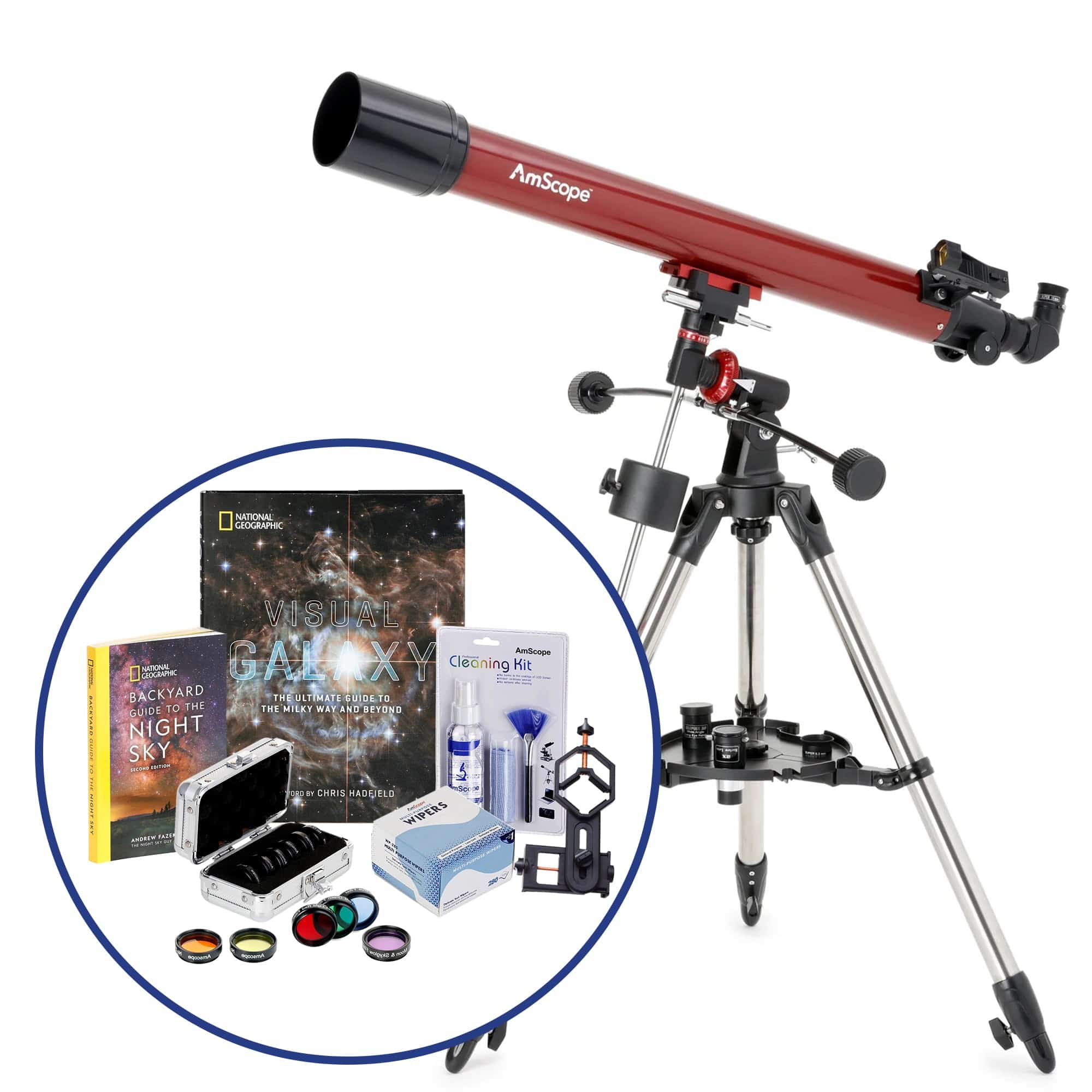 AmScope Professional Telescope Bundle Series featuring 70mm Aperture, 900mm Focal Length Refractor Telescope, Visual Galaxy book by NatGeo, Backyard Guide to the Night Sky book, and more
