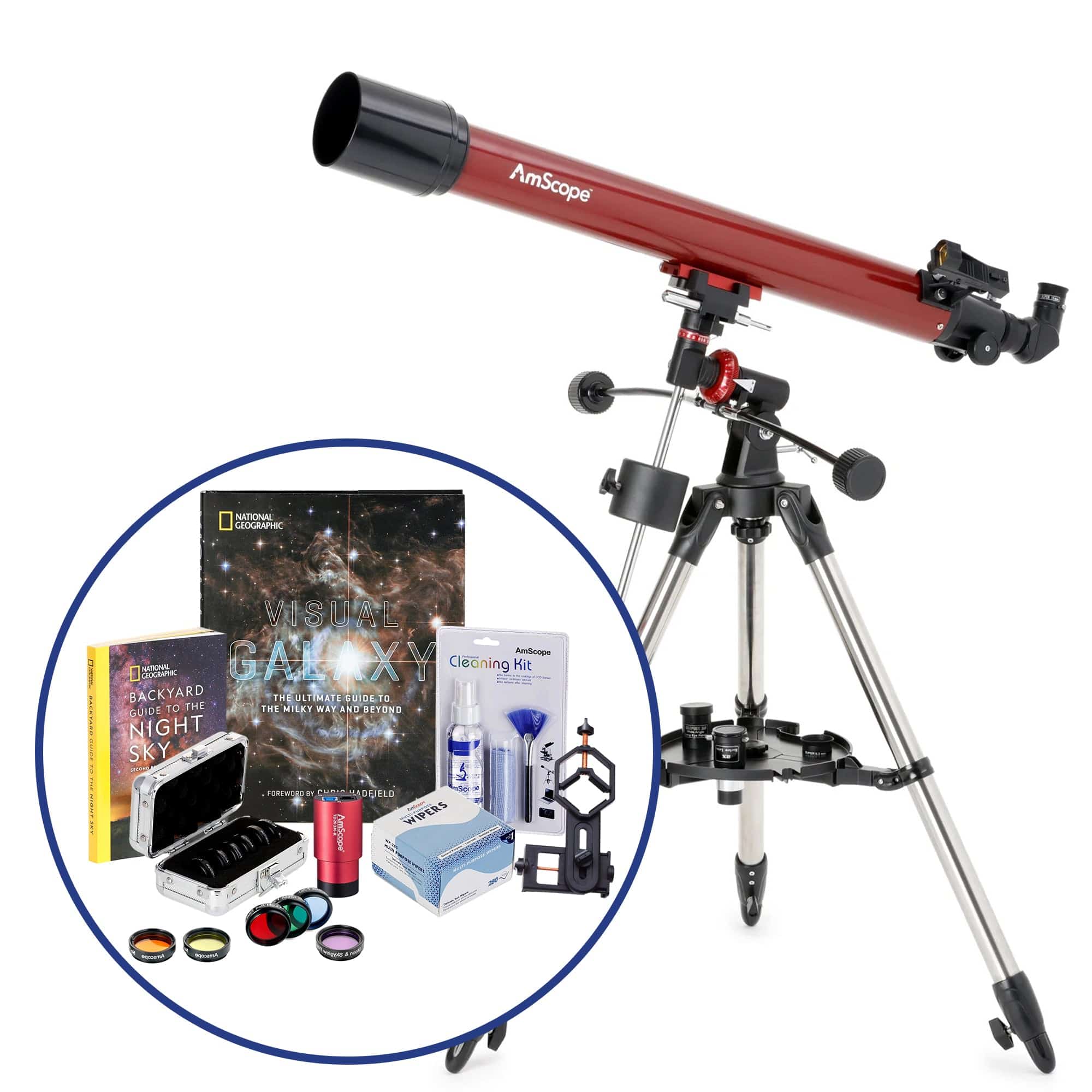 AmScope Professional Telescope Bundle Series featuring 70mm Aperture, 900mm Focal Length Refractor Telescope, Visual Galaxy book by NatGeo, Backyard Guide to the Night Sky book, and more - Image 2