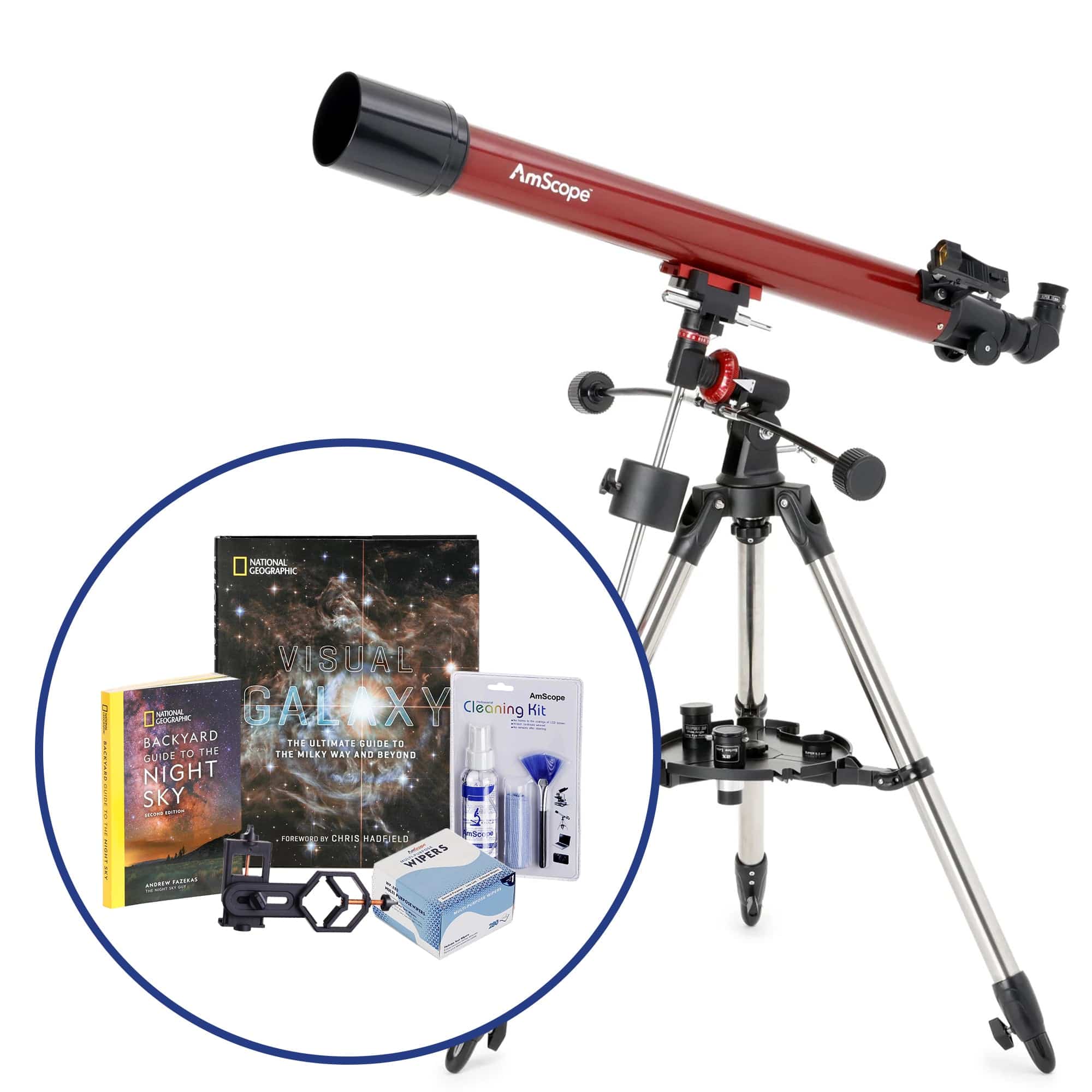 AmScope Professional Telescope Bundle Series featuring 70mm Aperture, 900mm Focal Length Refractor Telescope, Visual Galaxy book by NatGeo, Backyard Guide to the Night Sky book, and more - Image 3