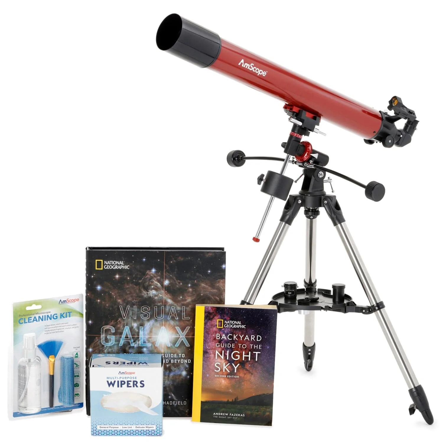 AmScope Professional Telescope Bundle Series featuring 80mm Aperture, 900mm Focal Length Reflector Telescope, Visual Galaxy book by NatGeo, Backyard Guide to the Night Sky book, and more