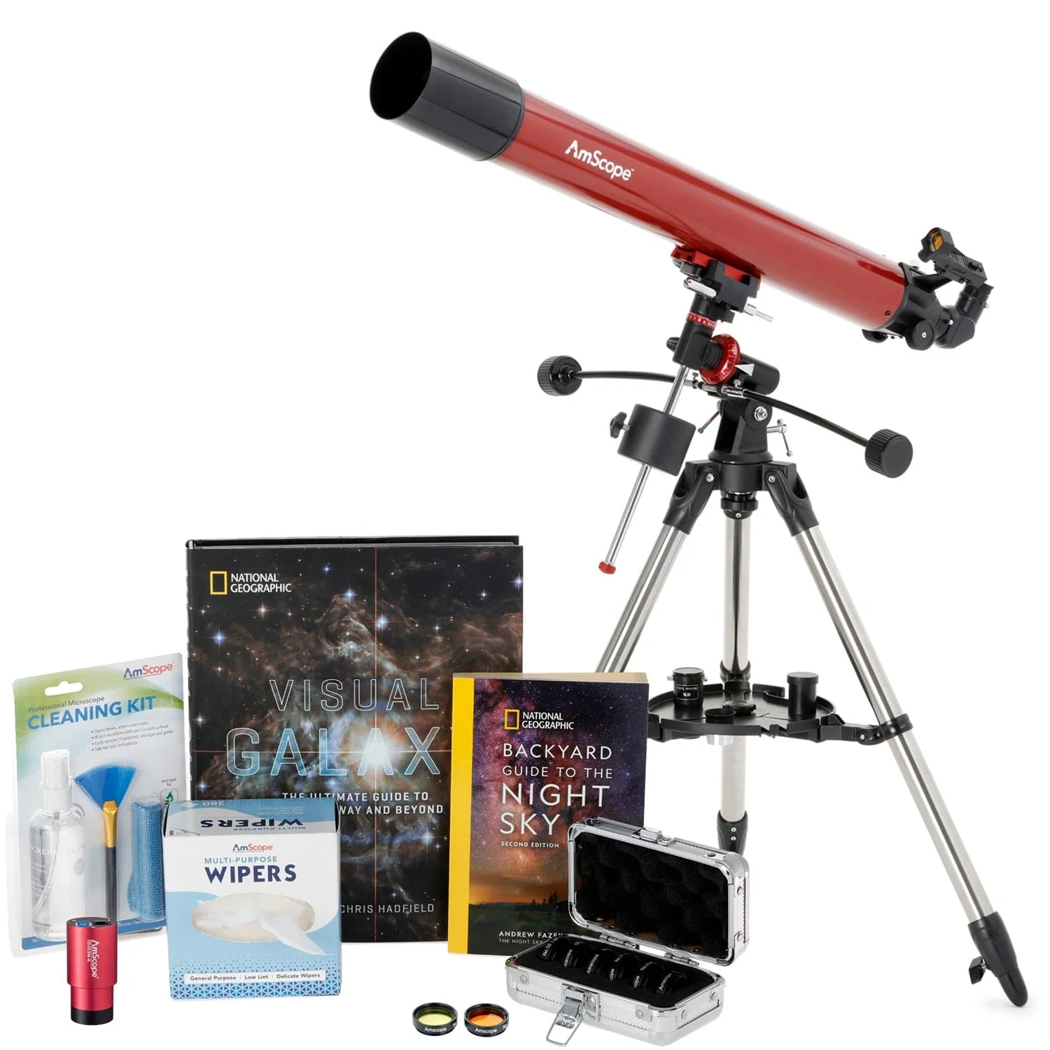 AmScope Professional Telescope Bundle Series featuring 80mm Aperture, 900mm Focal Length Reflector Telescope, Visual Galaxy book by NatGeo, Backyard Guide to the Night Sky book, and more - Image 2
