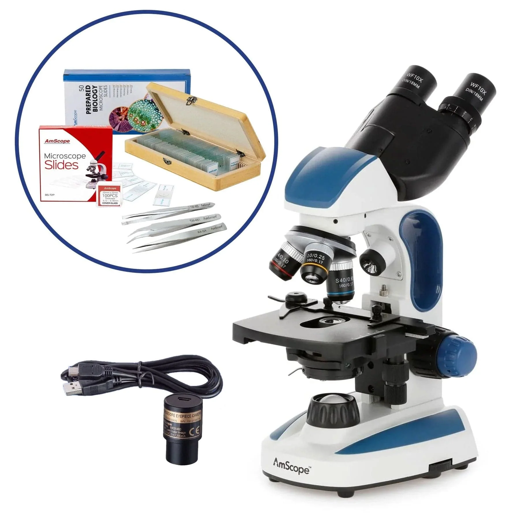 AmScope B110 Series Premium Student Lab Binocular Compound Microscope Bundles: 40X-1000X dual LED, Ergonomic, with Digital Camera, Tweezers, and Prepared Microscope Slide Set - Image 2