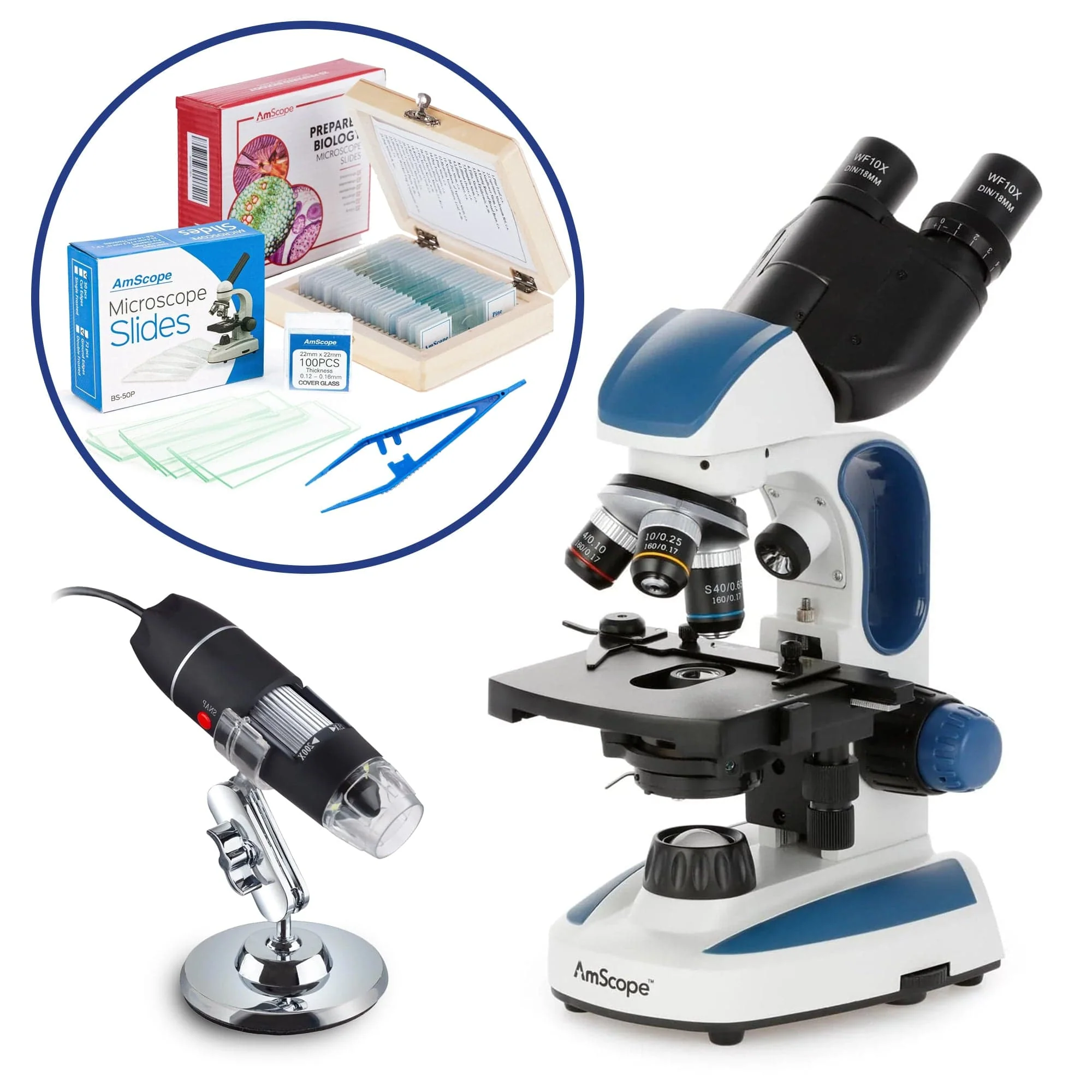 AmScope B110 Series Premium Student Lab Binocular Compound Microscope Bundles: 40X-1000X dual LED, Ergonomic, with Digital Camera, Tweezers, and Prepared Microscope Slide Set - Image 3