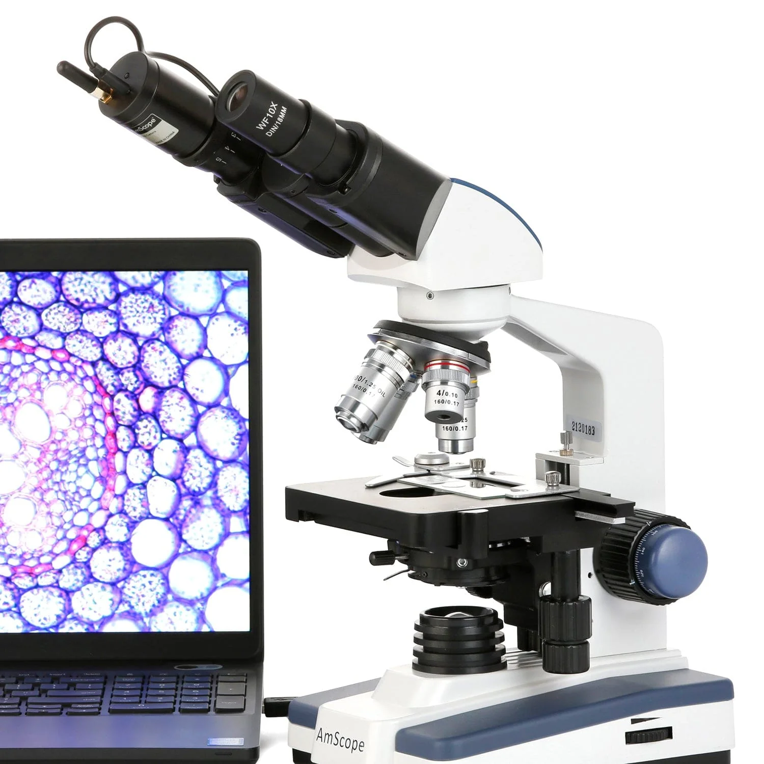 AmScope Binocular Compound Microscope 40X-2500X Magnification Student & Professional w/ LED, 3D Stage + Wi-Fi 2.0MP Digital Eyepiece Camera, 6pc Precision Tweezers, 100pc Prepared Slides, Blank Slide Kit - Image 2