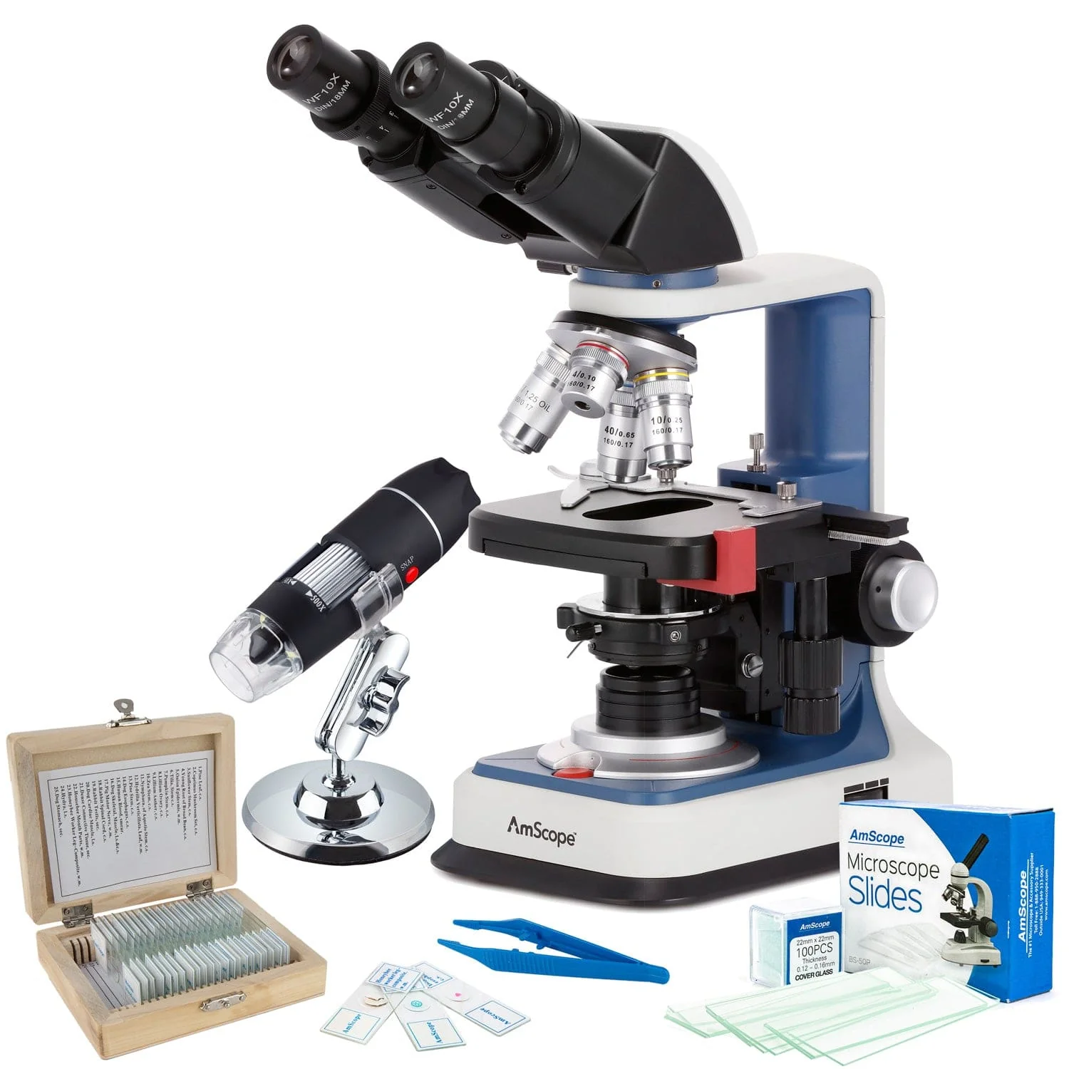 AmScope B120C-R Series Value Bundle USB-C Rechargeable Student Binocular Compound Microscope 40X-2500X Magnification with 3D Stage, 25-Piece Prepared Slides Set and Tweezers Plus BONUS Handheld Multi-USB Digital Microscope for PC and Android