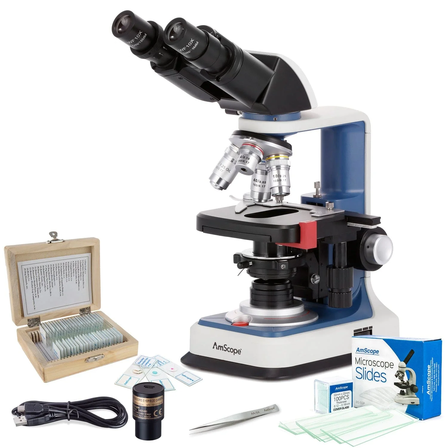 AmScope B120C-R Series Value Bundle USB-C Rechargeable Student Binocular Compound Microscope 40X-2500X Magnification with 3D Stage, 1MP Digital Camera, 25-Piece Prepared Slides Set, and Precision Tweezers