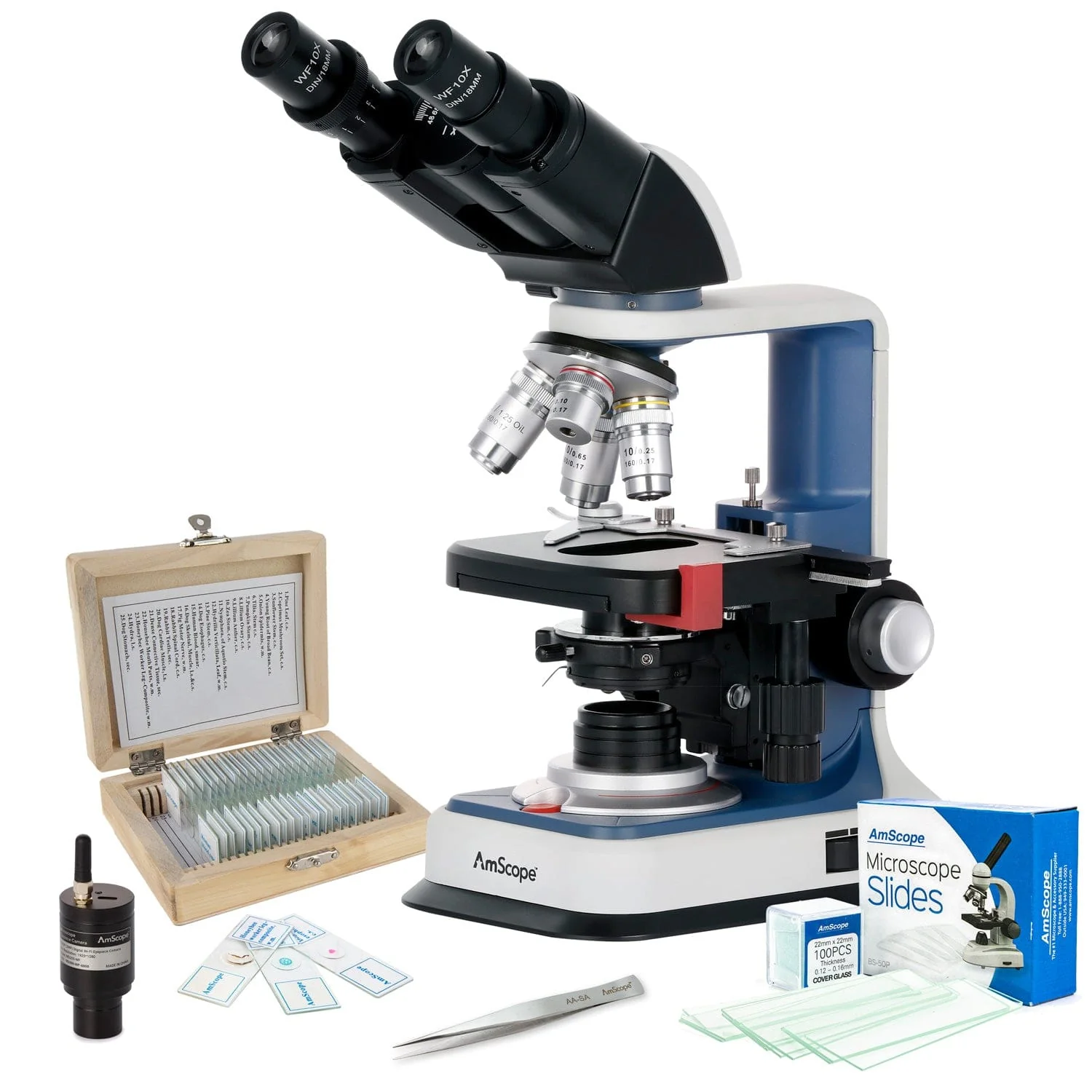 AmScope Binocular Compound Microscope 40X-2500X Magnification , Rechargeable & Portable, Student & Professional w/ LED, 3D Stage + Wi-Fi 2.0MP Digital Eyepiece Camera, Precision Tweezers, 25pc Prepared slides, Blank Slide Kit