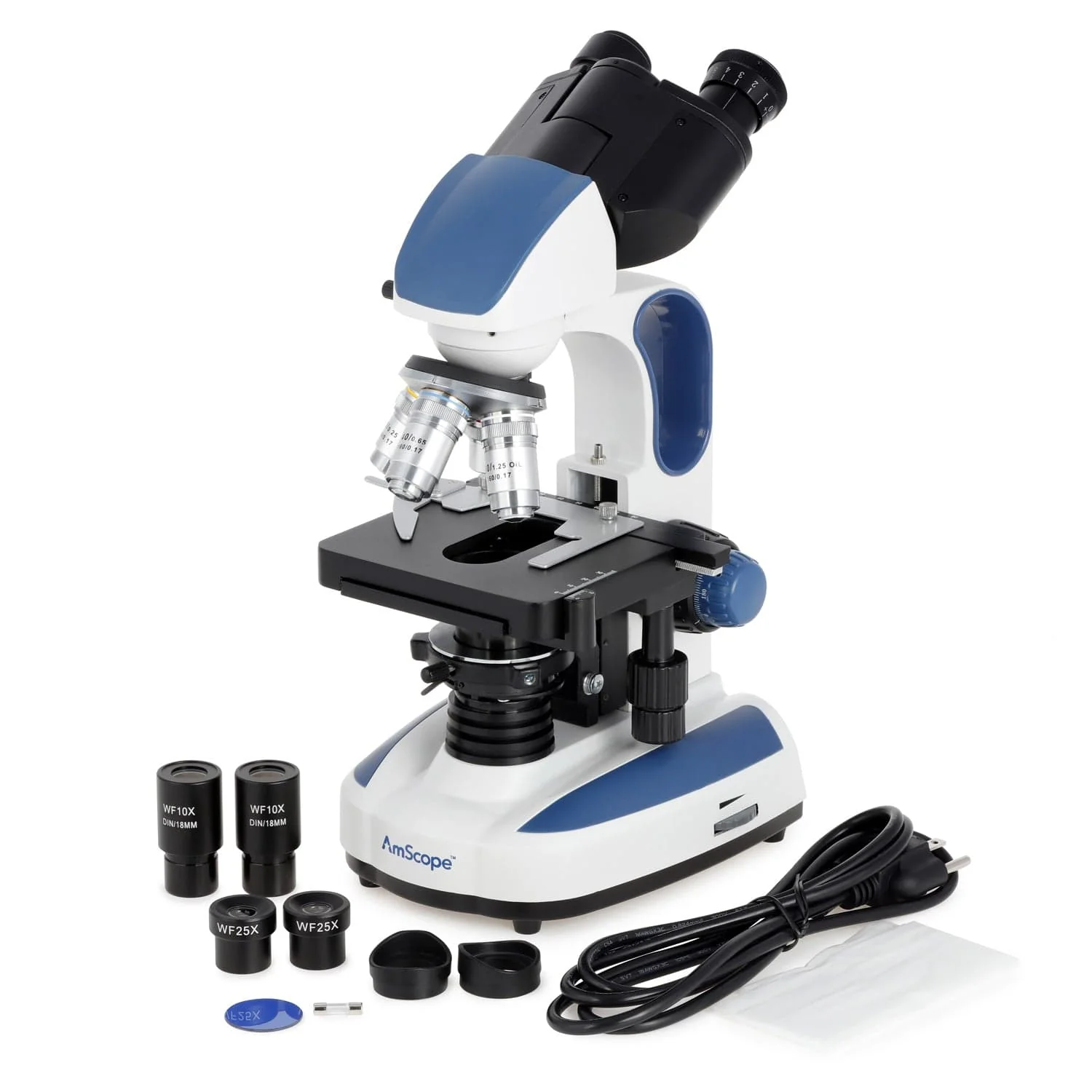 AmScope B270 Series Binocular Compound Microscope Premium Student Bundles: 40X-2500X Magnification LED with 3D Stage, C-mount Microscope Camera, Blank Slides and Cover Slips, Pipettes, 6-Piece Tweezers Set, Safety Lock, and more - Image 5