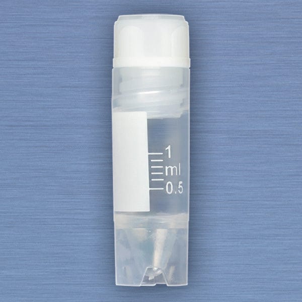 Globe Scientific CryoCLEAR vials with Attached Screwcap, Co-Molded Thermoplastic Elastomer (TPE) Sealing Layer, Conical Bottom, Self-Standing, Printed Graduations, Writing Space and Barcode.