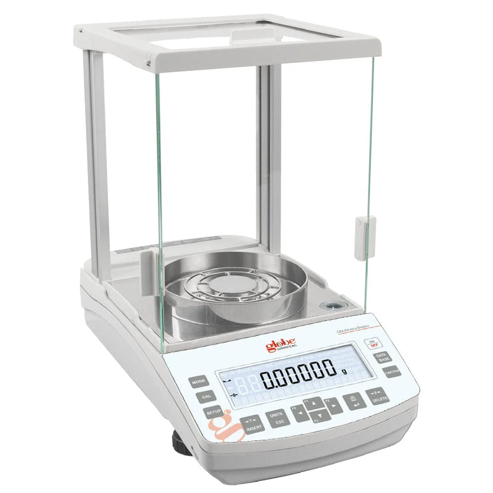 Globe Scientific Balance, Analytical, 82/220g x 0.01/0.1mg, Internal Calibration, 100-240V, 50-60Hz, Rechargeable Internal Battery