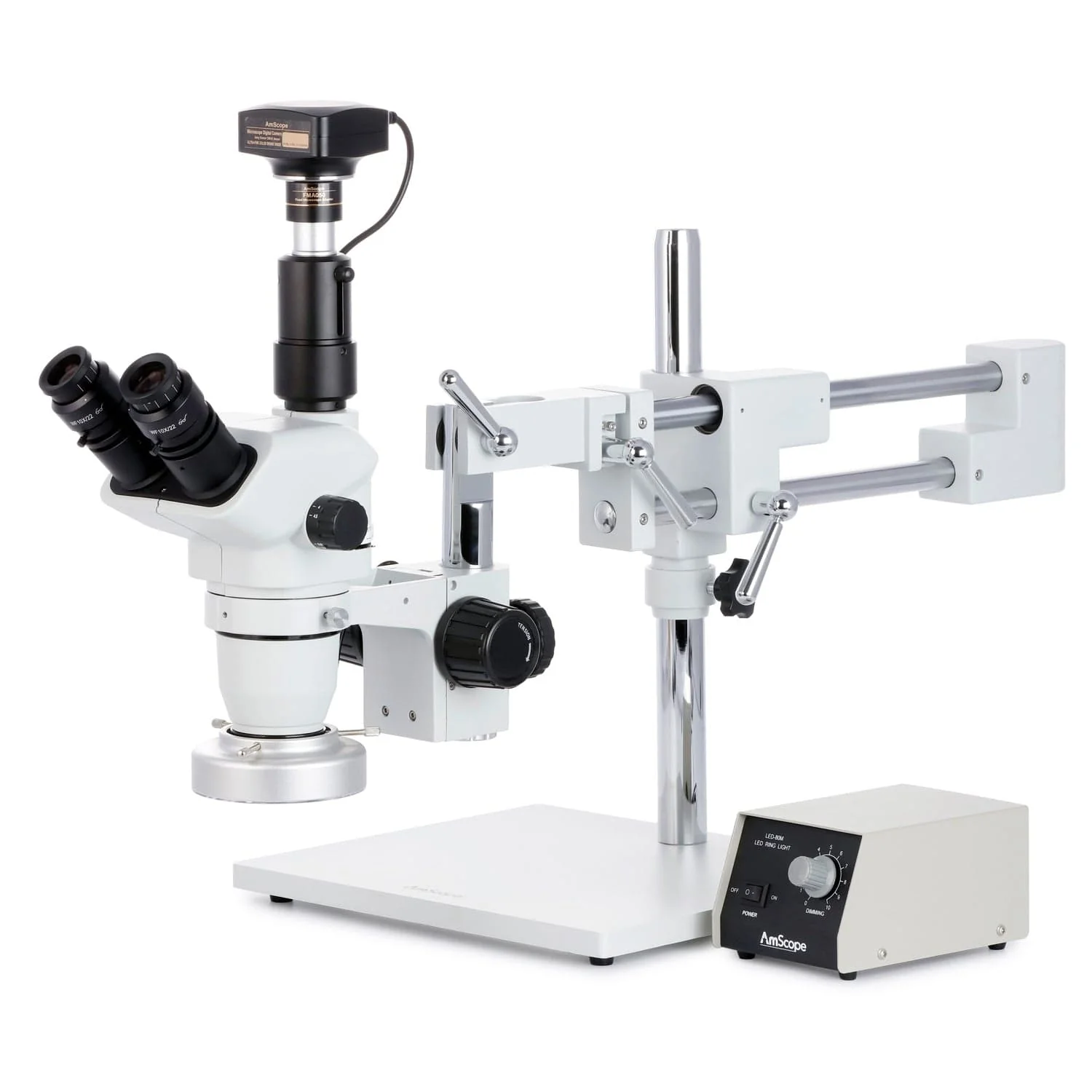 AmScope ZM-4 Series Premium Trinocular Stereo Microscope 2X-90X Magnification on Double-arm Boom-stand with 80-LED Heavy-duty Ring-light and Camera Options