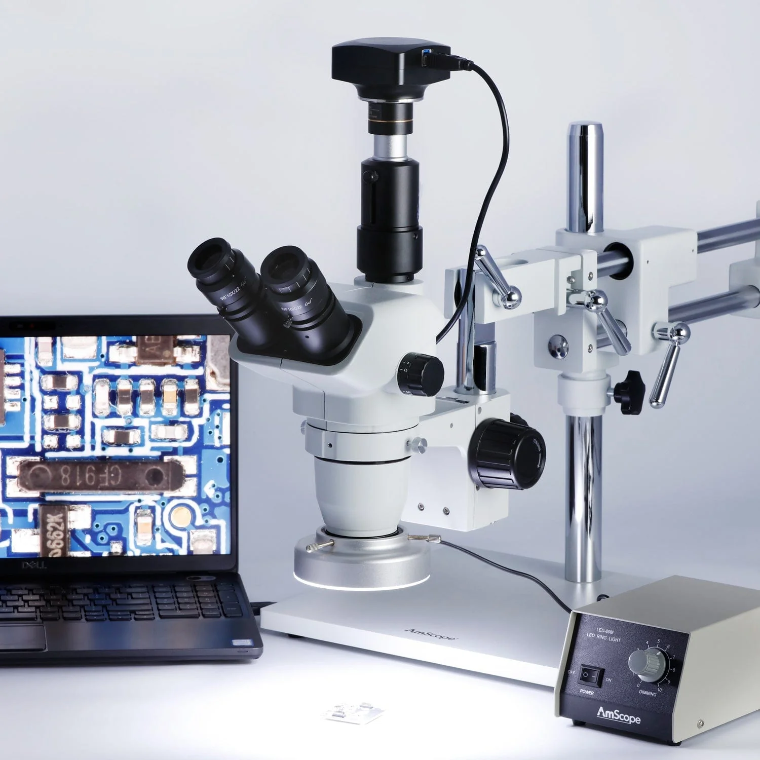 AmScope ZM-4 Series Premium Trinocular Stereo Microscope 2X-90X Magnification on Double-arm Boom-stand with 80-LED Heavy-duty Ring-light and Camera Options - Image 2