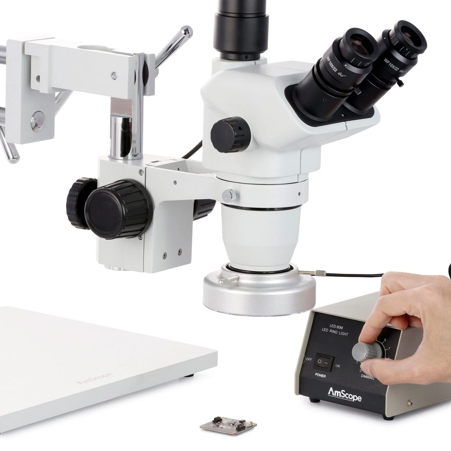 AmScope ZM-4 Series Premium Trinocular Stereo Microscope 2X-90X Magnification on Double-arm Boom-stand with 80-LED Heavy-duty Ring-light and Camera Options - Image 4